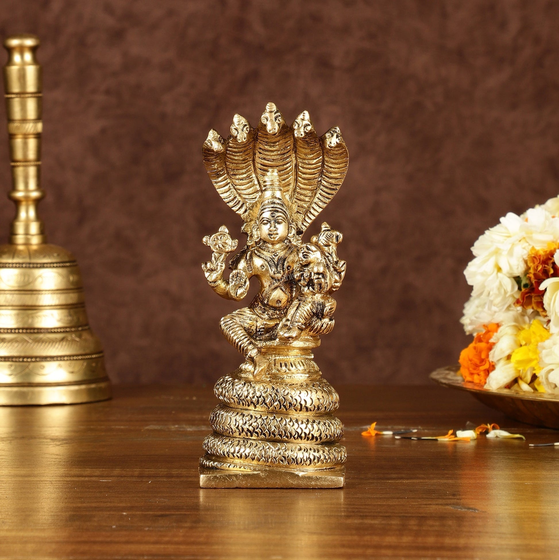 Pure Brass Seated Vishnu Lakshmi with Sheshanaaga Idol | Height: 5.5 inch - Sama Homes Idol - Brass Sculpture - Eco-friendly - Sama Homes