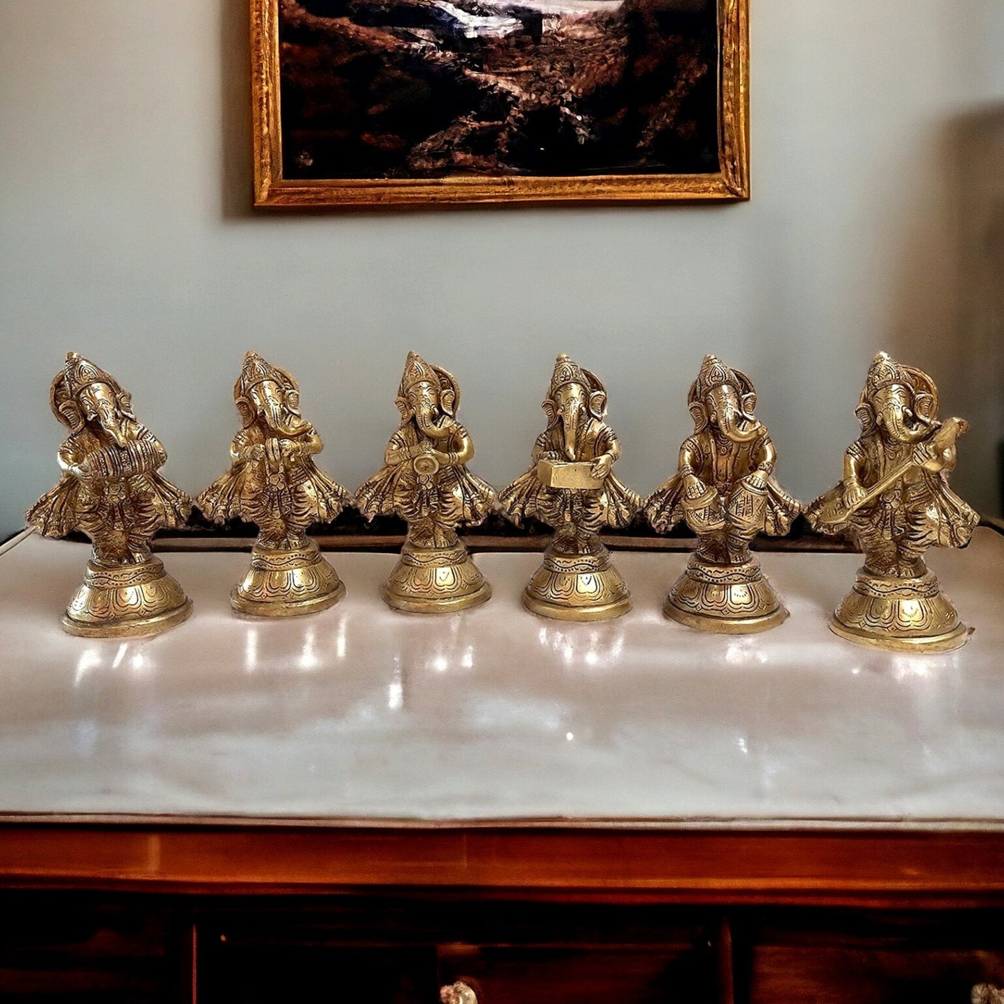 Pure Brass Set of 6 Musician Ganesha Idols Showpieces | Handcrafted Decor 6 inch - Sama Homes Idol - Brass Sculpture