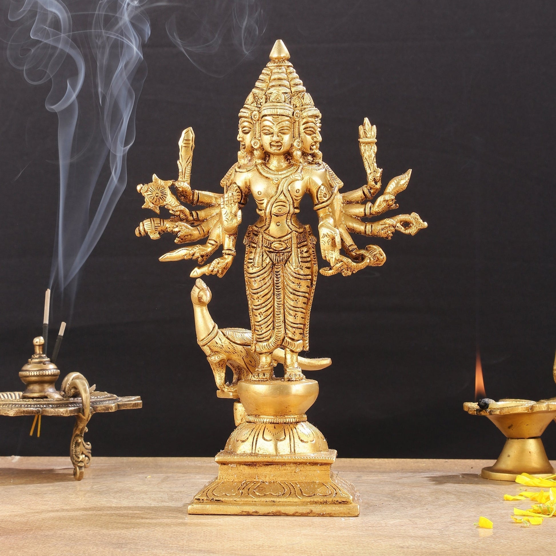 Pure Brass Shanmukha Murugan Idol with Six Heads 10.5 inch - Sama Homes Idol - Brass Sculpture - Eco-friendly - Sama Homes