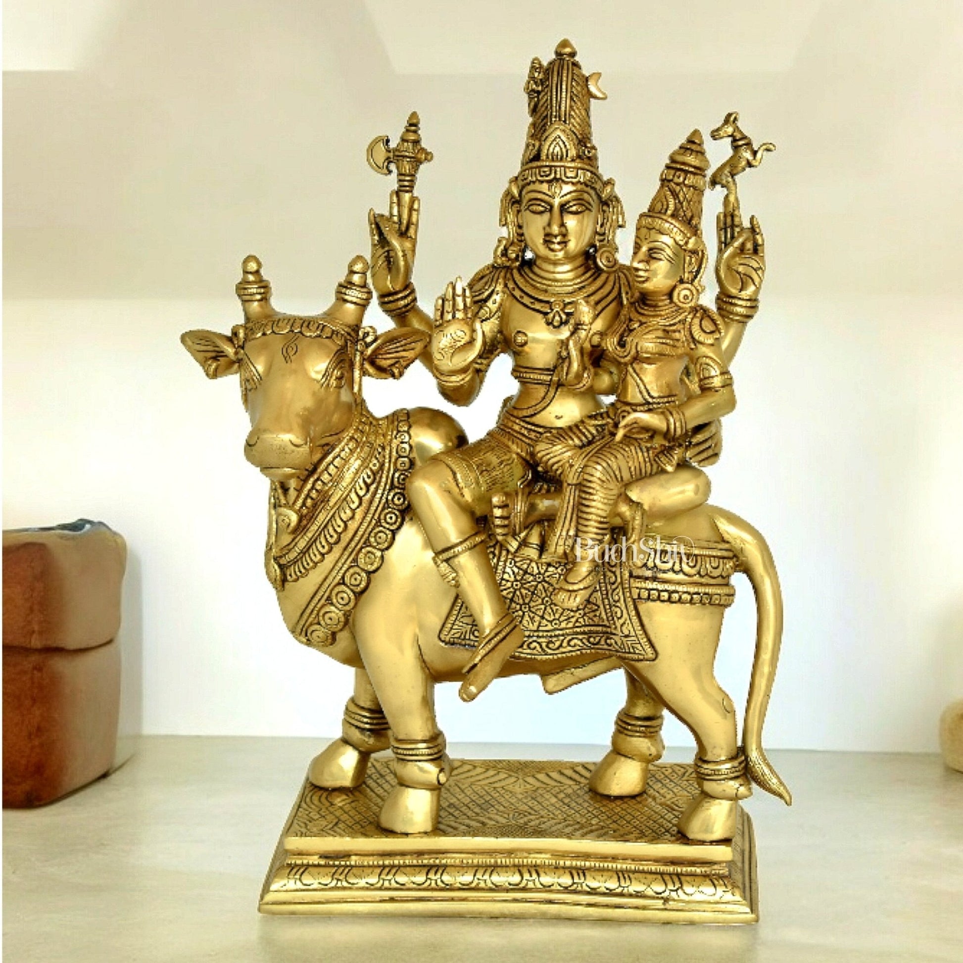 Pure Brass Shiv Parvati on Nandi Pradosh Idol - 16 inch - Sama Homes Idol - Brass Sculpture - Eco-friendly - Sama Homes