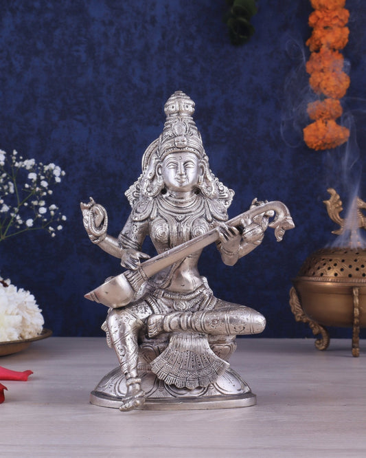 Pure Brass Silver-Plated Goddess Saraswati Idol 8" - Sama Homes Idol - Brass Sculpture