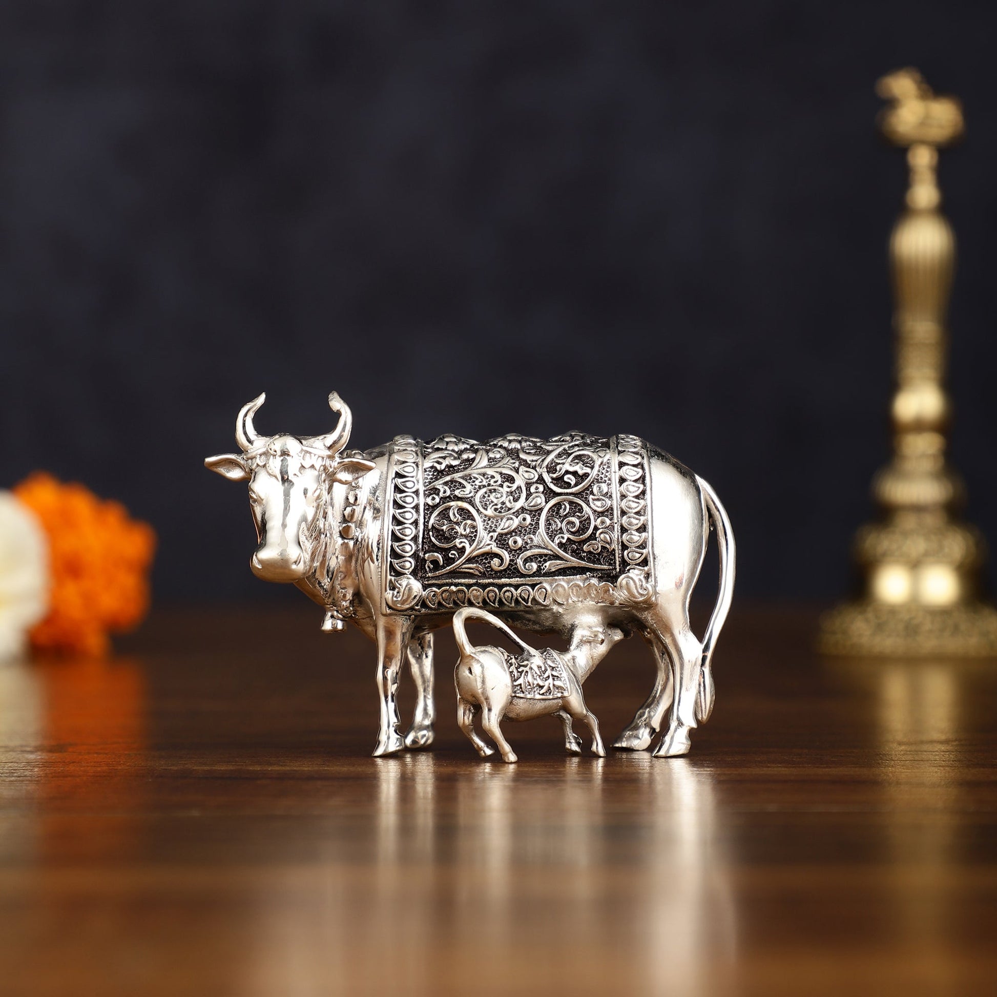 Pure Brass Silver Plated Kamdhenu Cow with Calf Idol - 3" - Sama Homes Idol - Brass Sculpture - Eco-friendly - Sama Homes