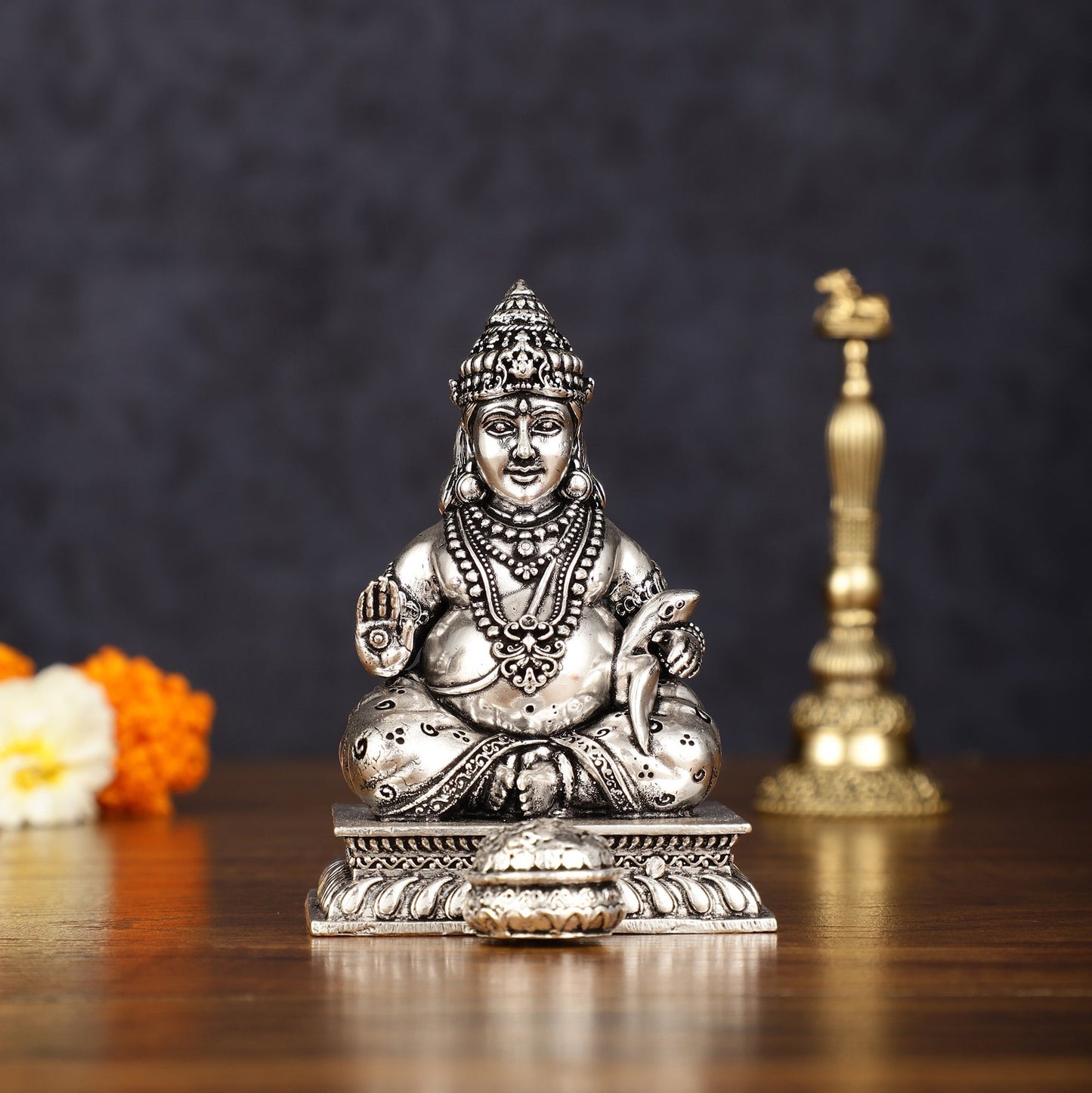 Pure Brass Silver Plated Kuber Idol - 4 Inch, Intricately Carved - Sama Homes Idol - Brass Sculpture