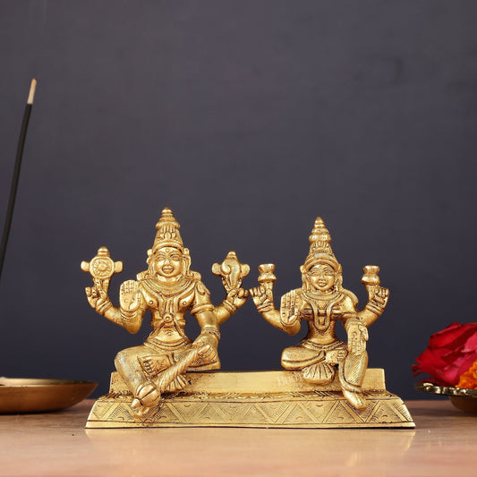 Pure Brass Sitting Vishnu Lakshmi Narayan Idol 3.75 inch - Sama Homes Idol - Brass Sculpture