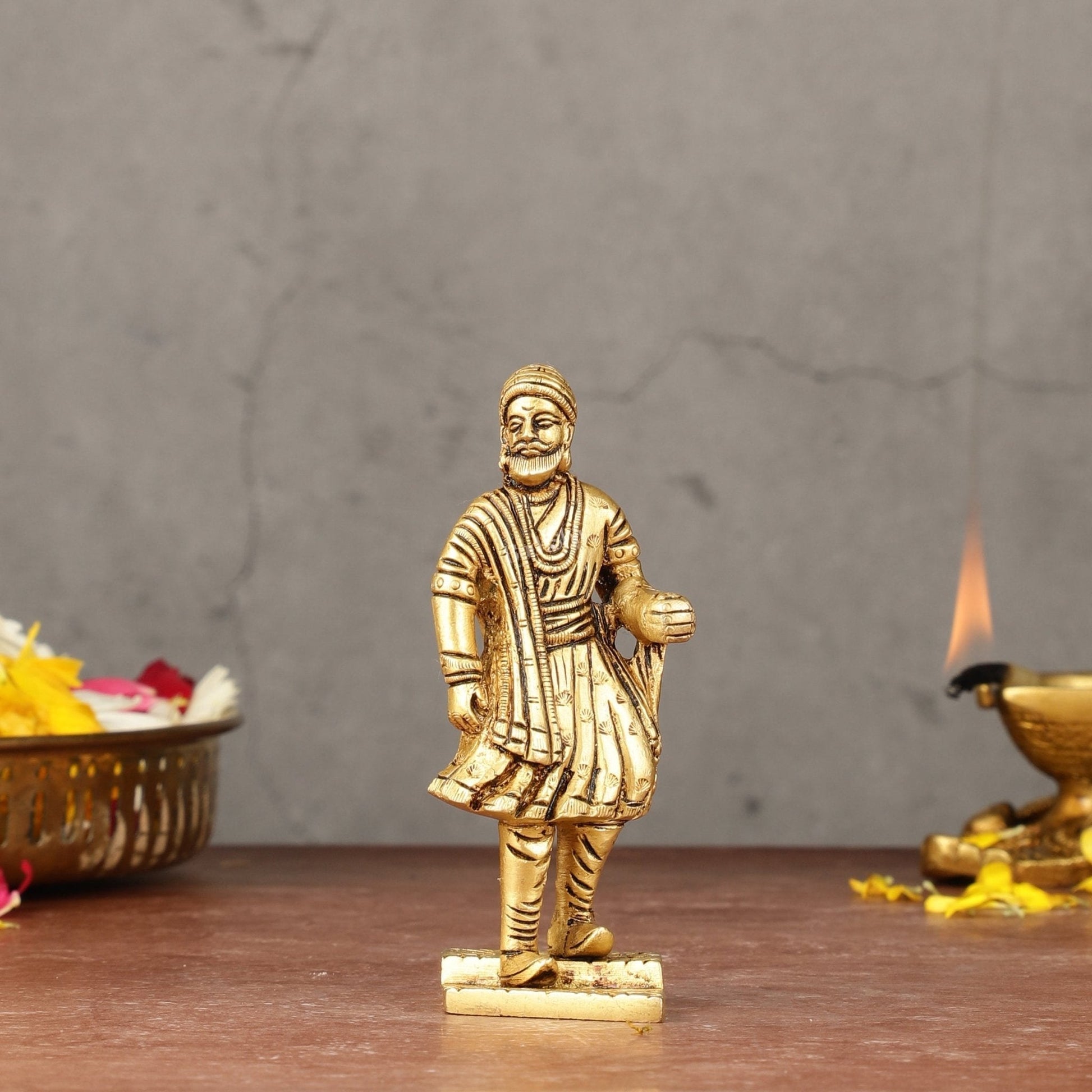 Pure Brass Small Chatrapati Shivaji Maharaj Standing Idol - 4" - Sama Homes Idol - Brass Sculpture - Eco-friendly - Sama Homes