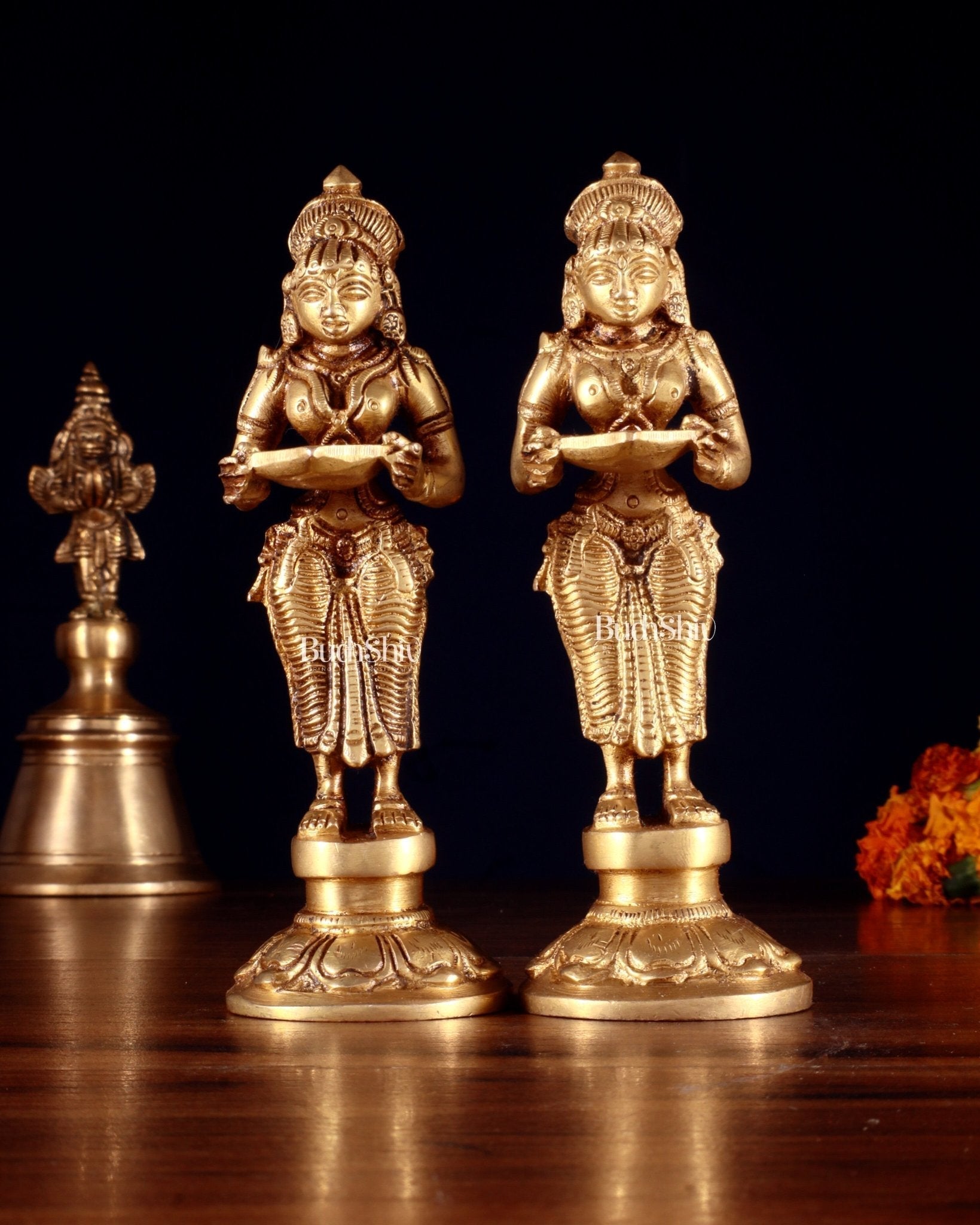 Pure Brass Small Deep Lady Pavai Vilakku Pair 4.5" - Sama Homes Idol - Brass Sculpture - Eco-friendly - Sama Homes
