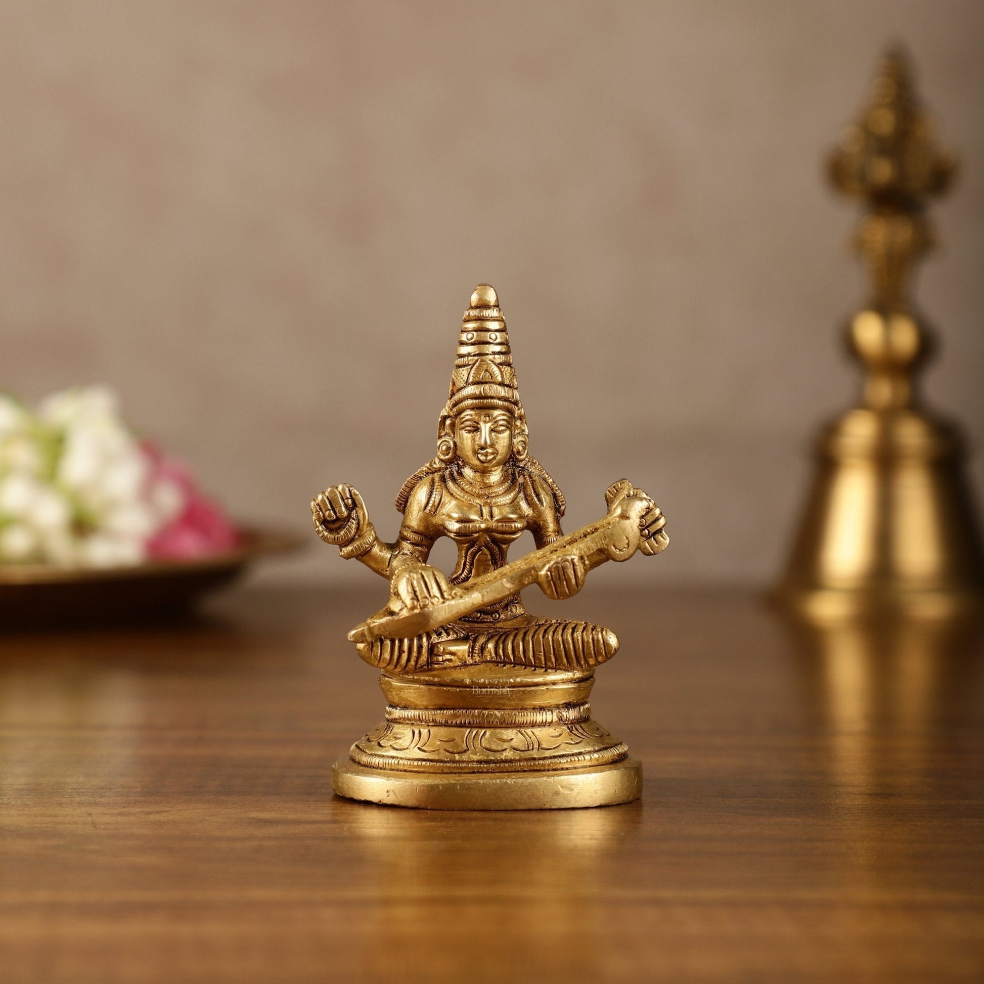 Pure Brass Small Goddess Saraswati Idol | 3.5 Inch - Sama Homes Idol - Brass Sculpture - Eco-friendly - Sama Homes