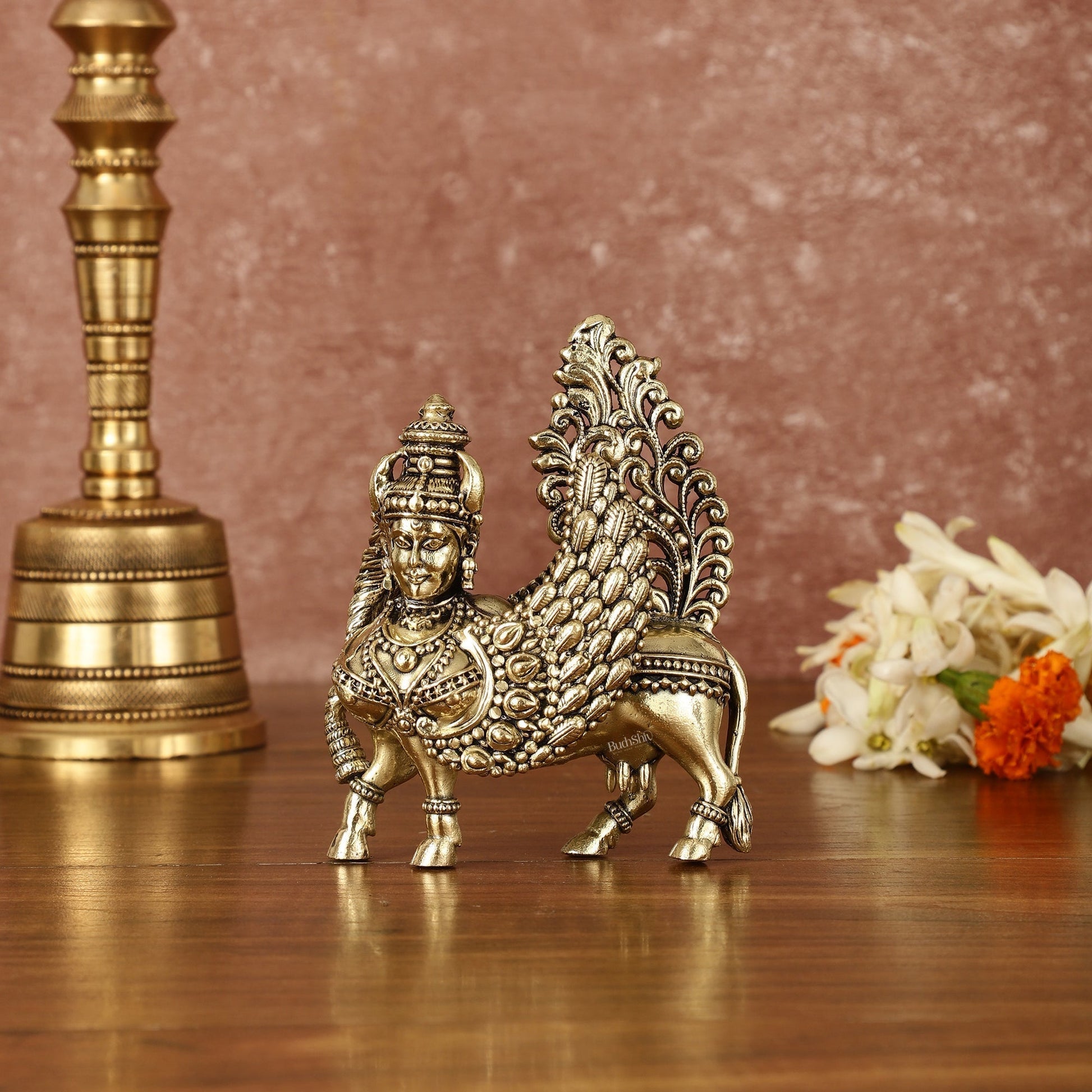 Pure Brass Small Kamdhenu Cow with Wings Idol - 4.5" Tall - Eco-friendly - Sama Homes