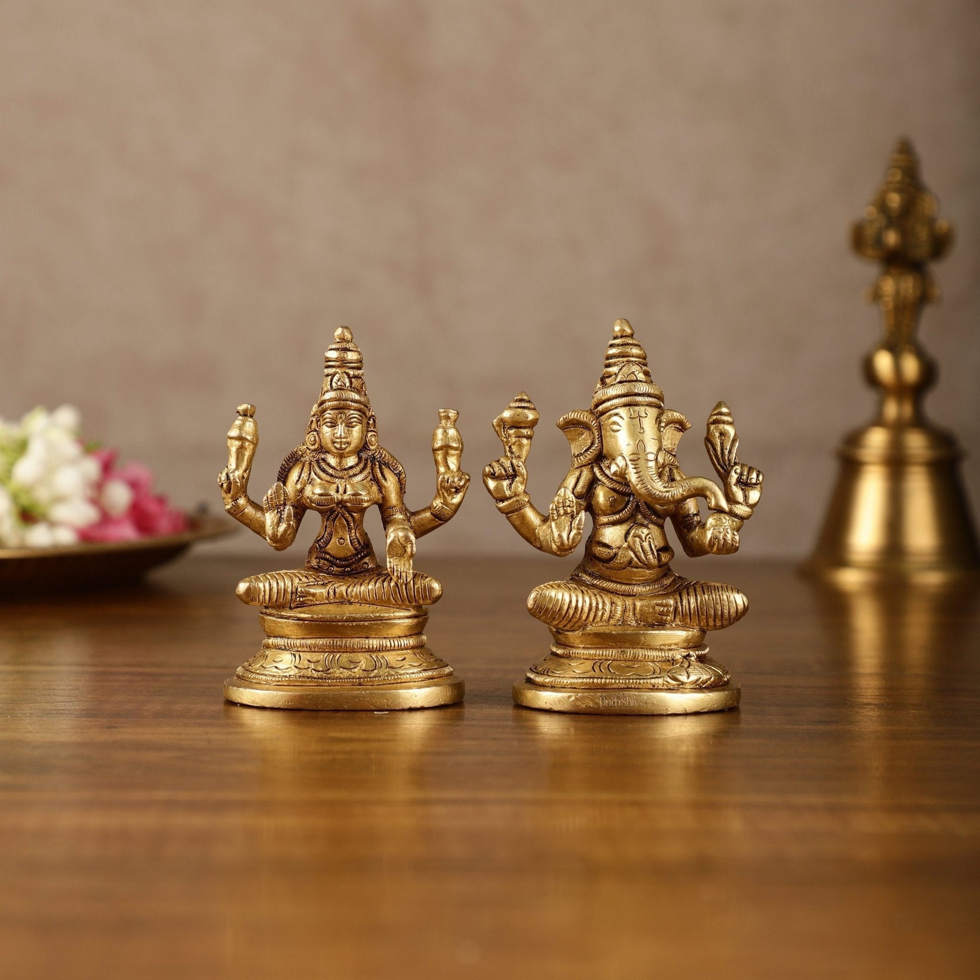 Pure Brass Small Lord Ganesha and Goddess Lakshmi Idol Pair | 3.5 Inch - Sama Homes Idol - Brass Sculpture - Eco-friendly - Sama Homes