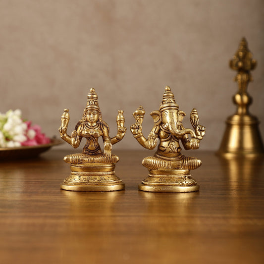 Pure Brass Small Lord Ganesha and Goddess Lakshmi Idol Pair | 3.5 Inch - Sama Homes Idol - Brass Sculpture
