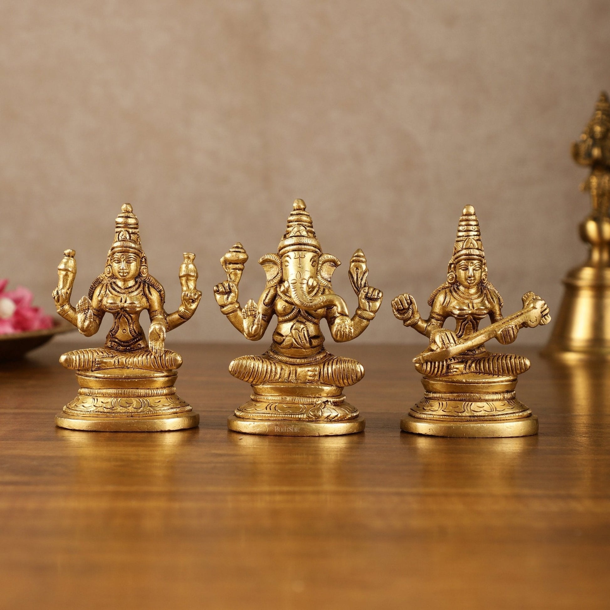 Pure Brass Small Lord Ganesha, Goddess Lakshmi, and Goddess Saraswati Idol Set | 3.5 Inch - Sama Homes Idol - Brass Sculpture - Eco-friendly - Sama Homes