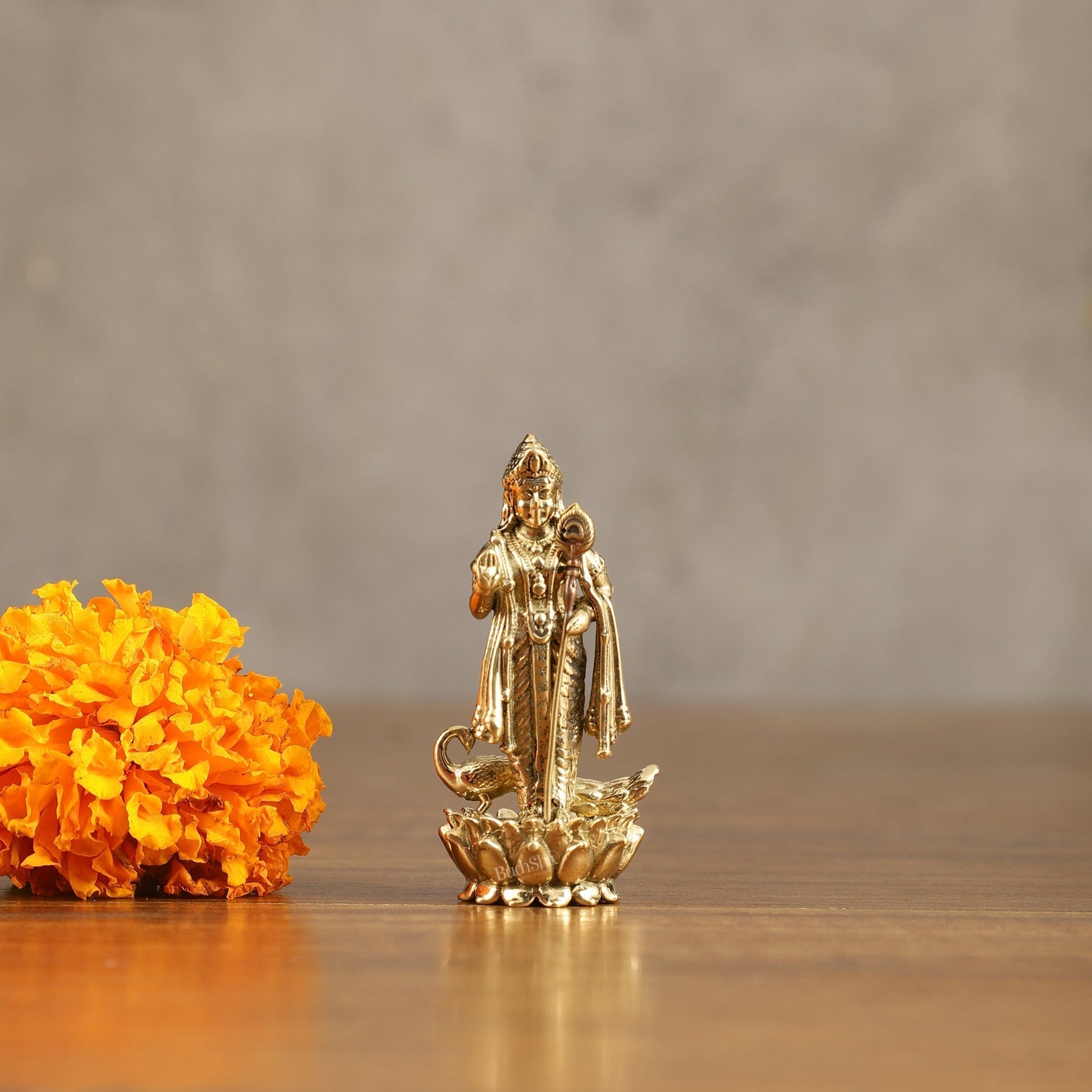 Pure Brass Small Murugan Idol - 2.5 in Height - Sama Homes Idol - Brass Sculpture - Eco-friendly - Sama Homes