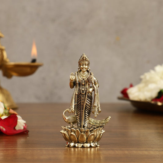 Pure Brass Small Murugan Idol - 3.5 in Height - Sama Homes Idol - Brass Sculpture