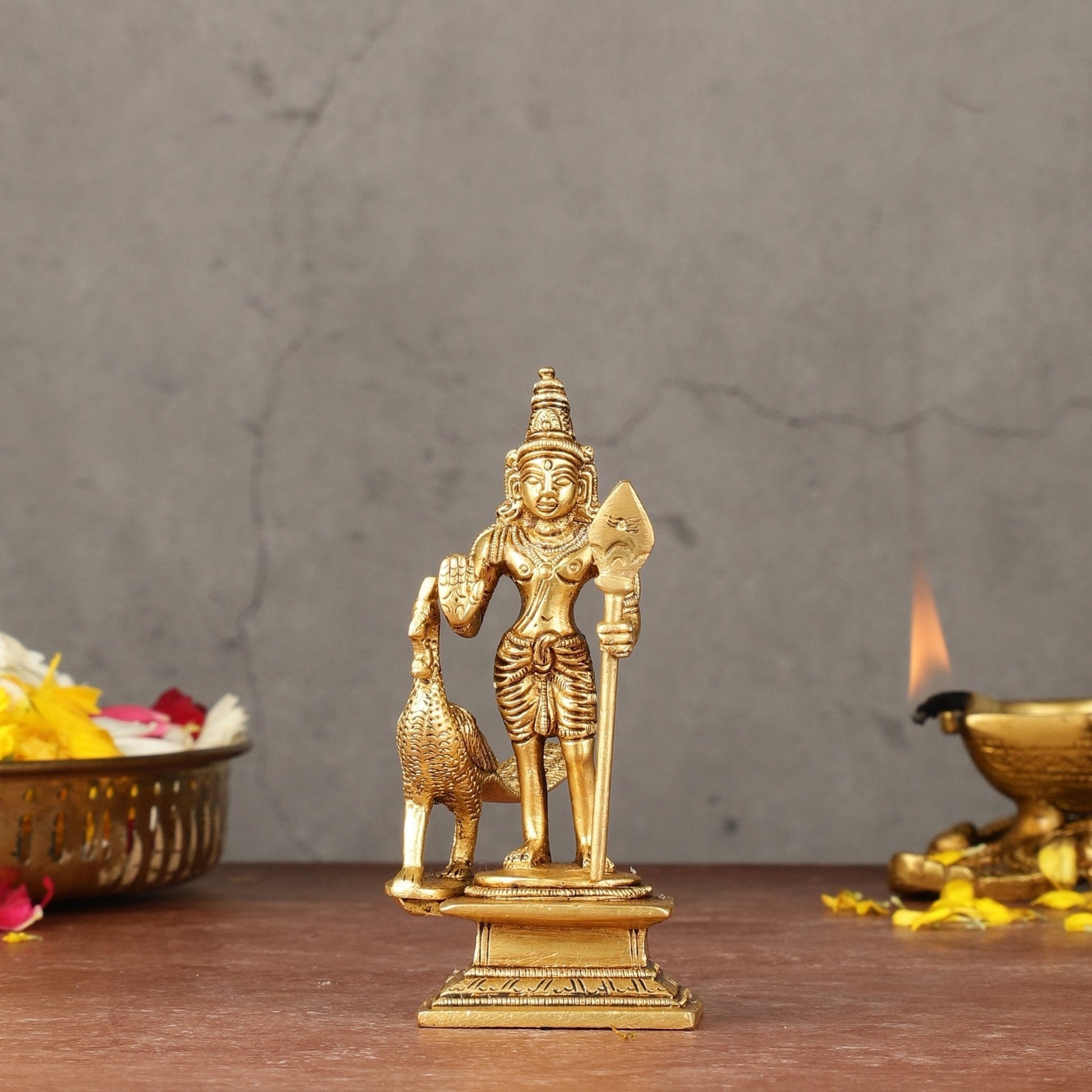 Pure brass small Murugan Kartikeya idol 5.5 inch - Sama Homes Idol - Brass Sculpture - Eco-friendly - Sama Homes