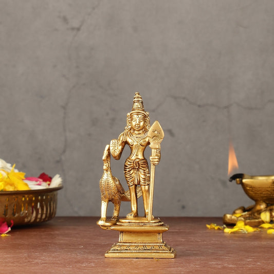 Pure brass small Murugan Kartikeya idol 5.5 inch - Sama Homes Idol - Brass Sculpture
