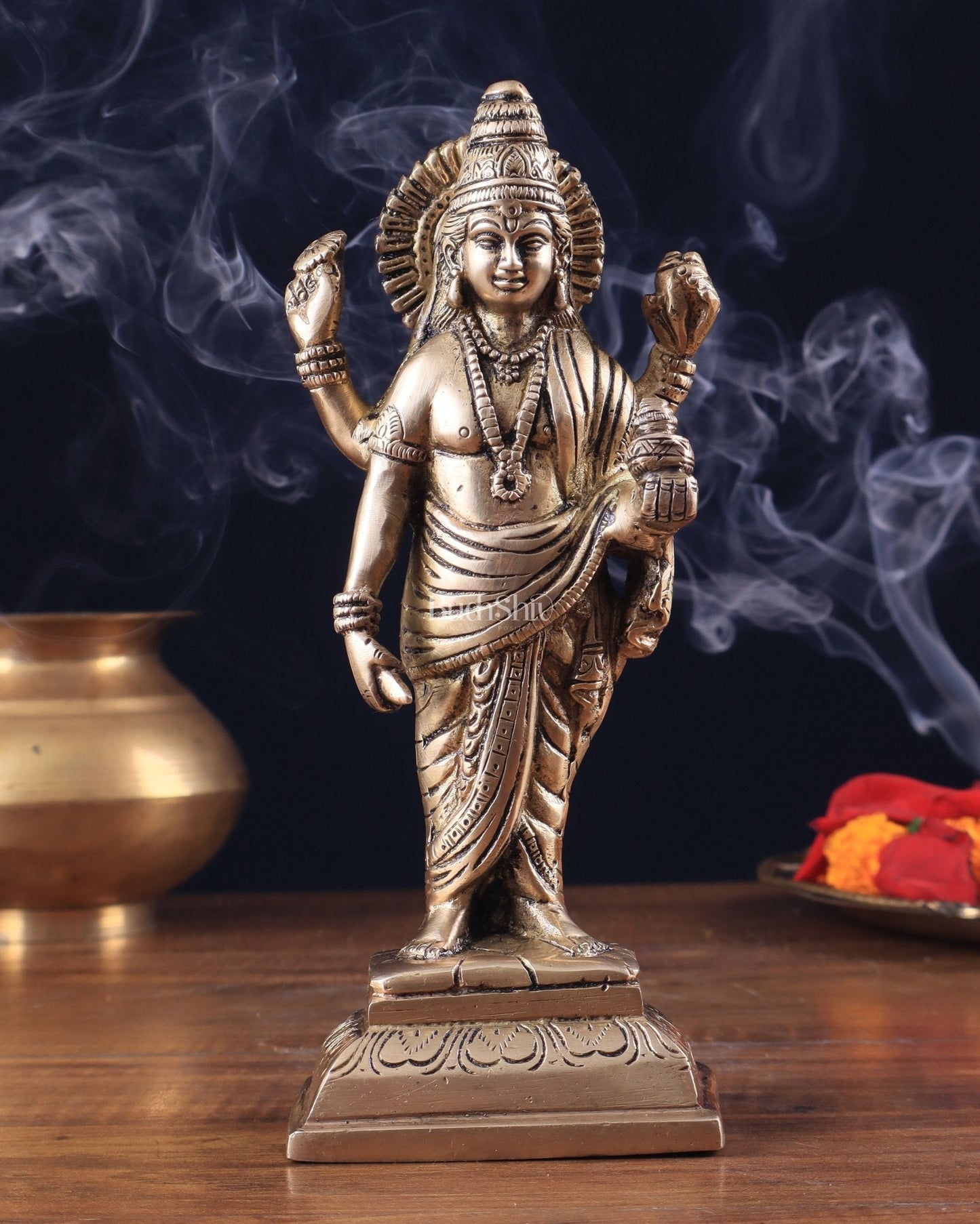 Pure Brass Standing Dhanvantari Idol 8" - Sama Homes Idol - Brass Sculpture