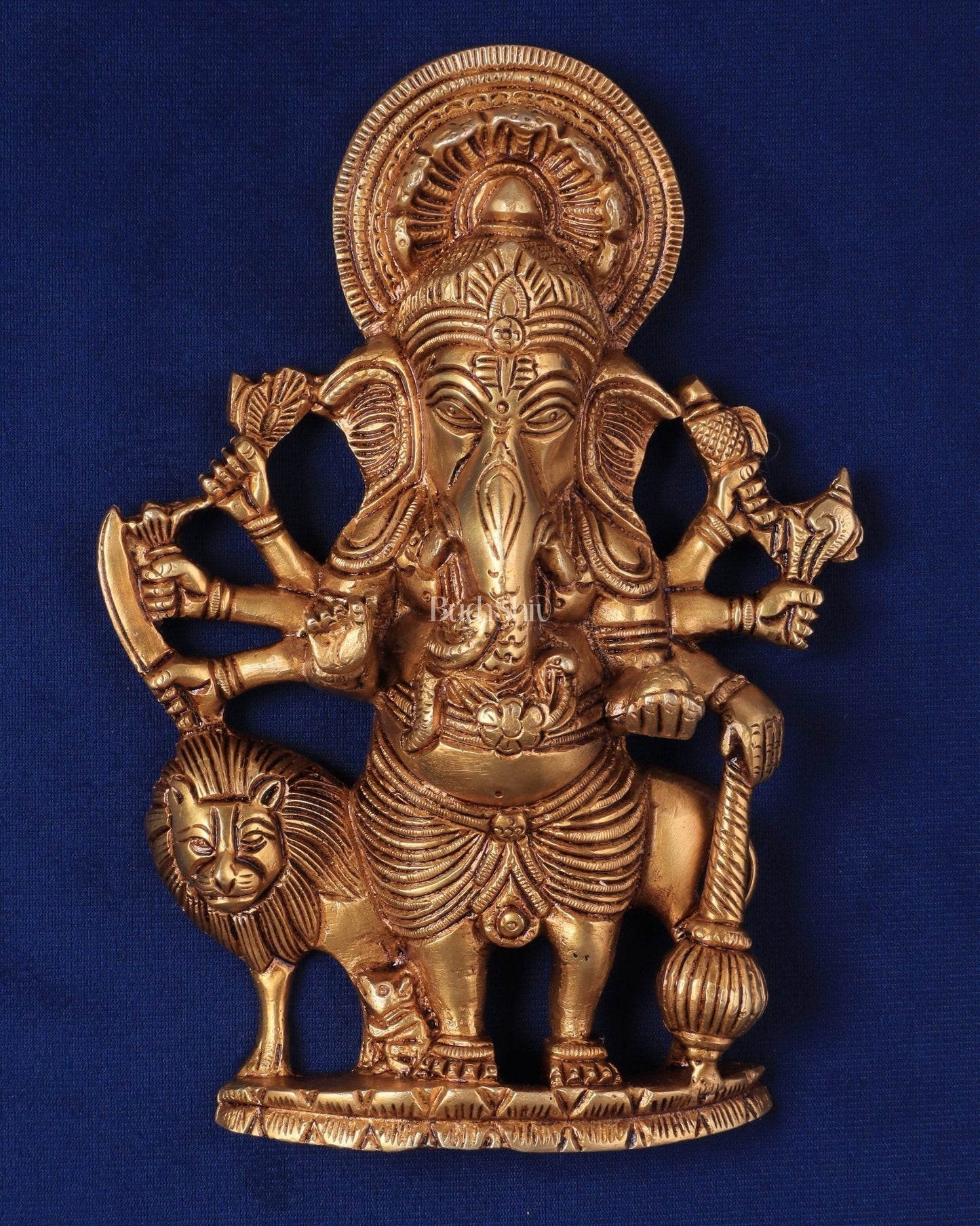 Pure Brass Standing Drishti Ganesha with Lion Wall Hanging 9" - Sama Homes Idol - Brass Sculpture