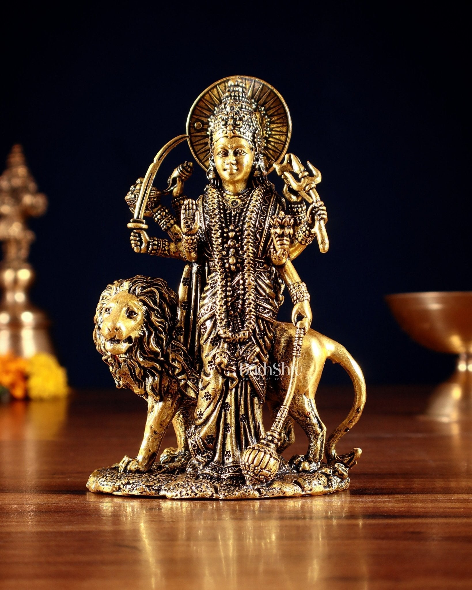 Pure Brass Standing Durga Ma Idol - 5 inch and 6 Inch golden tone - Sama Homes Idol - Brass Sculpture - Eco-friendly - Sama Homes