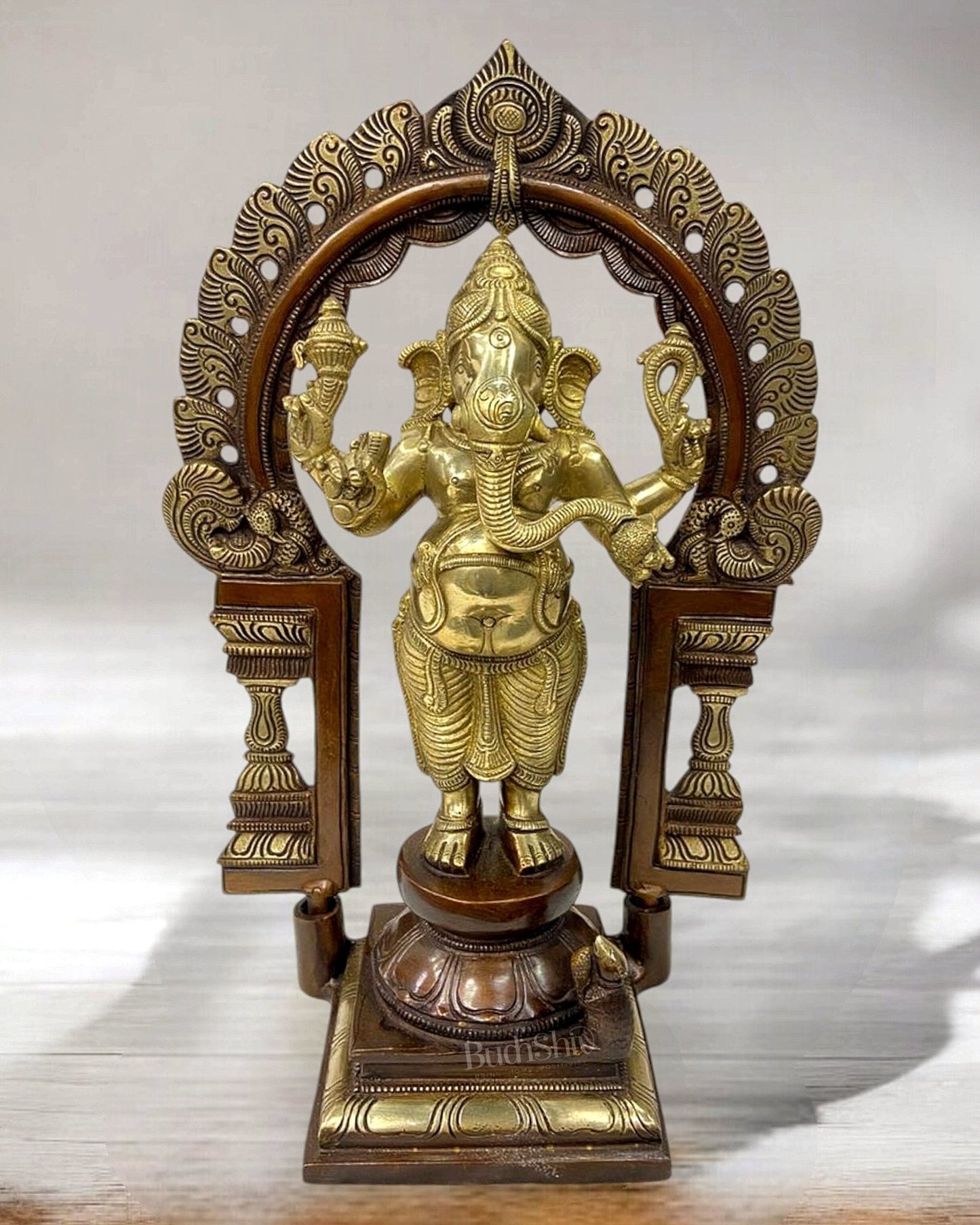 Pure Brass Standing Ganapati Statue with Prabhavali Arch 14" | Dual-Tone Finish - Sama Homes Idol - Brass Sculpture