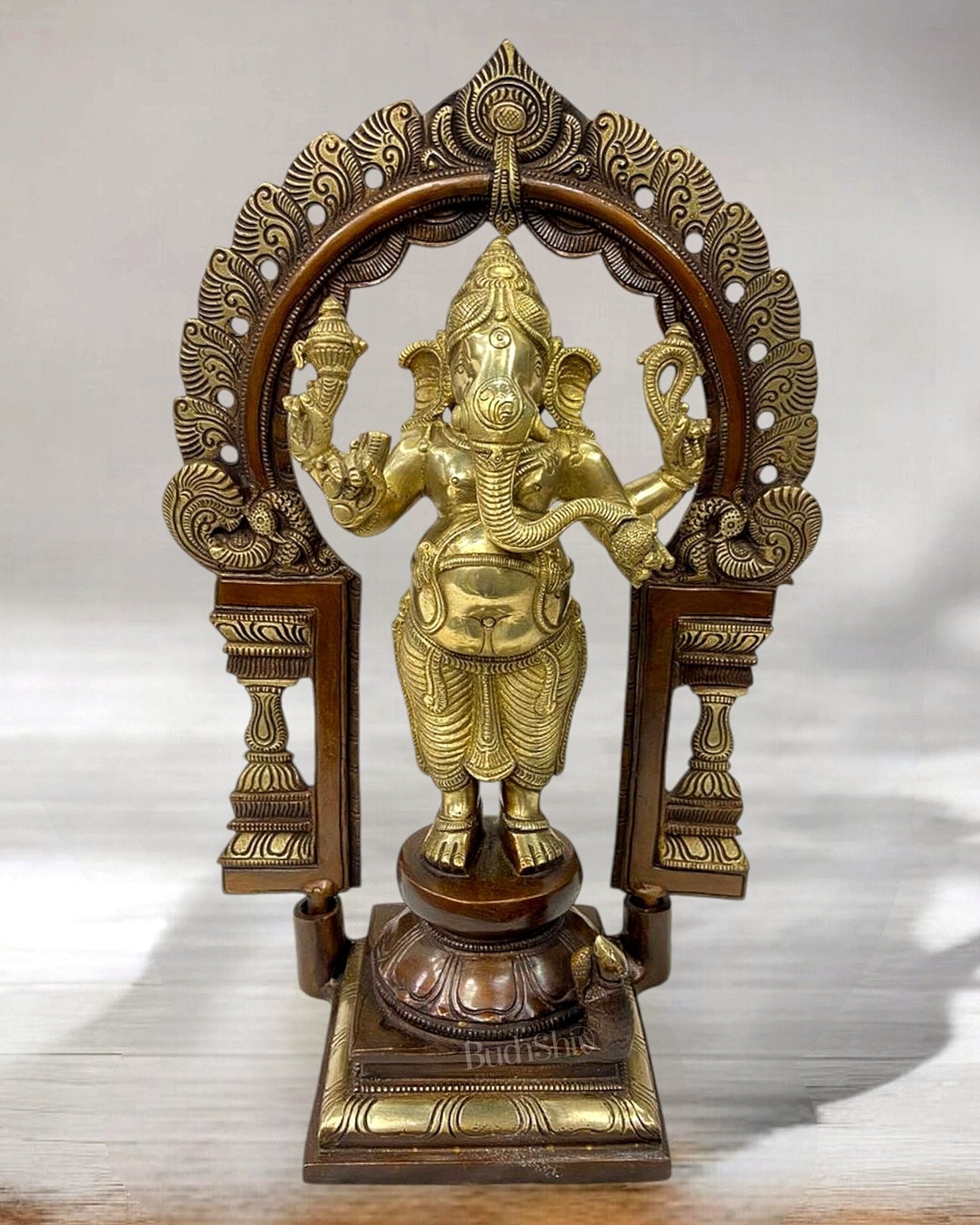 Pure Brass Standing Ganapati Statue with Prabhavali Arch 14" | Dual-Tone Finish - Sama Homes Idol - Brass Sculpture - Eco-friendly - Sama Homes