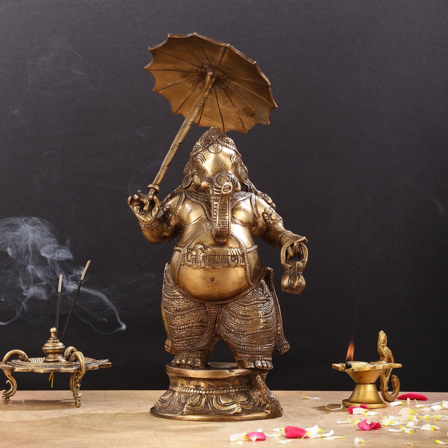 Pure Brass Standing Ganesha with Umbrella Idol | 18" - Sama Homes Idol - Brass Sculpture