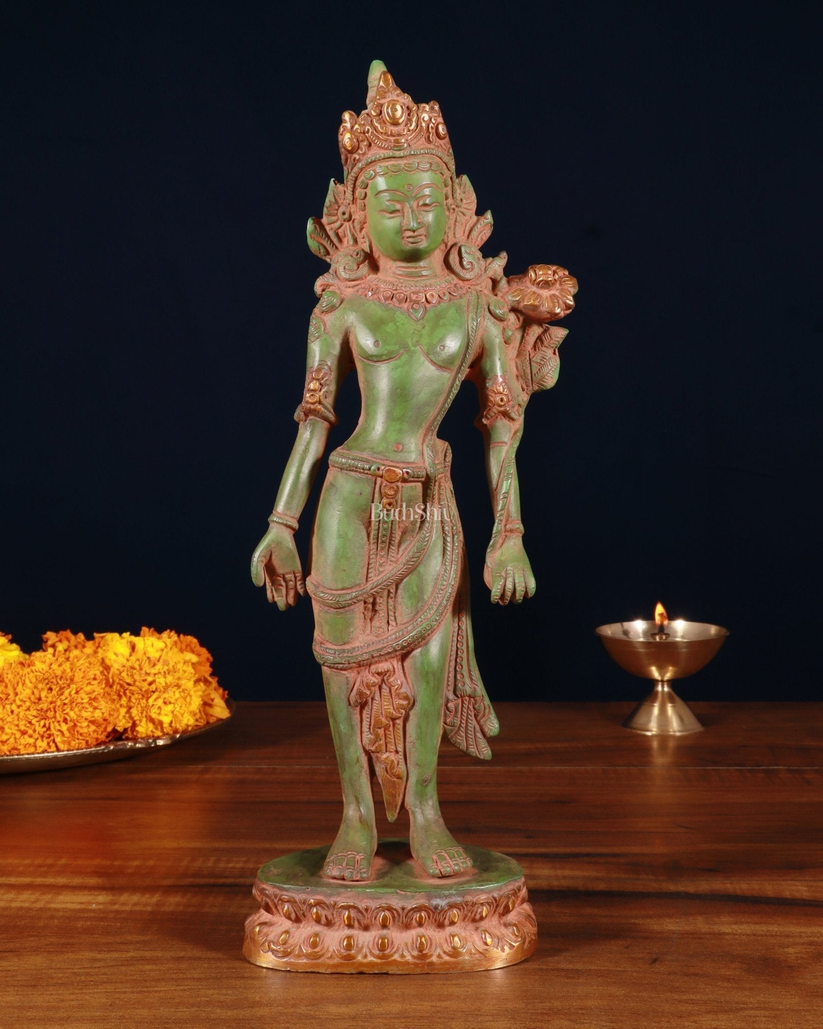Pure Brass Standing Goddess Tara Statue – Antique Green Patina, 12 Inch - Sama Homes Idol - Brass Sculpture - Eco-friendly - Sama Homes