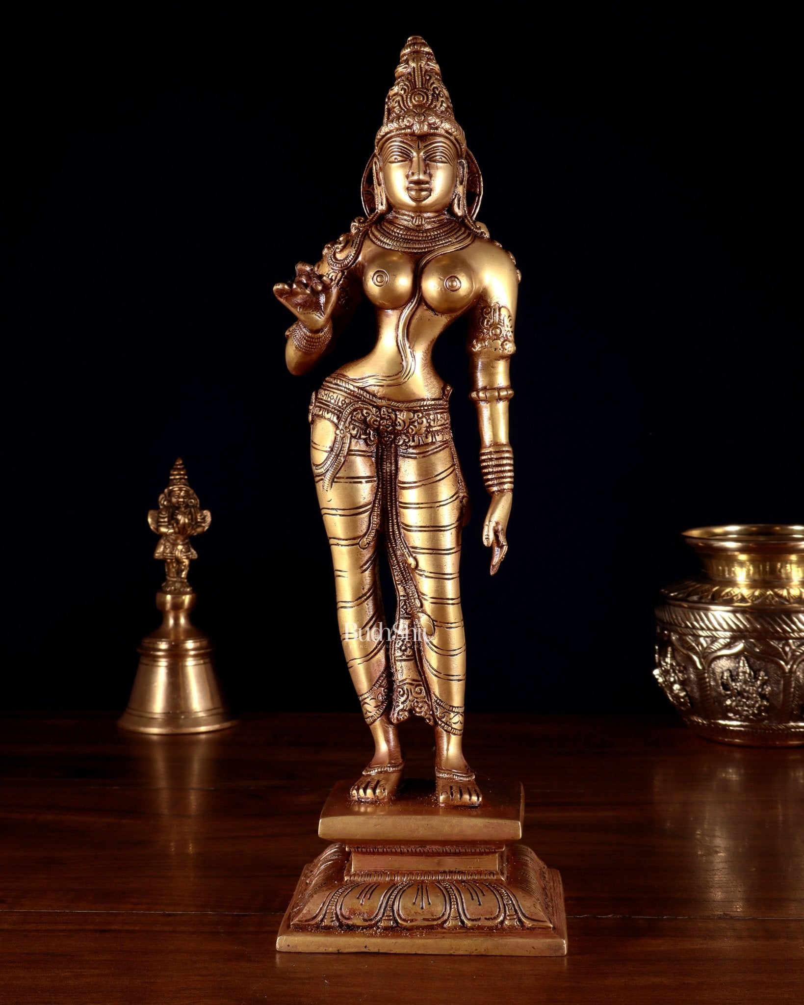 Pure Brass Standing Goddess Uma Parvati Sivagami Sculpture – 13” - Sama Homes Idol - Brass Sculpture - Eco-friendly - Sama Homes