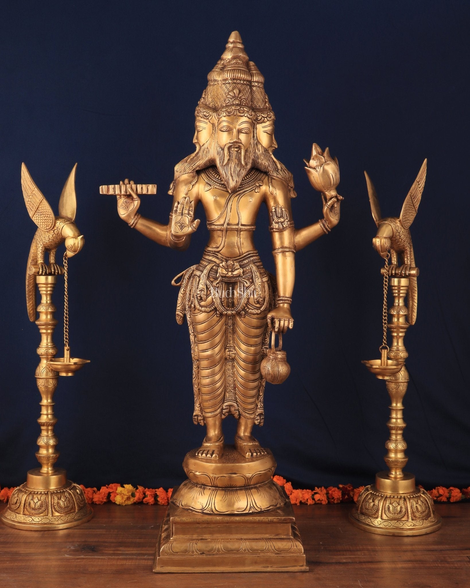 Pure Brass Standing Guru Brahma Large Statue 38.5" - Sama Homes Idol - Brass Sculpture - Eco-friendly - Sama Homes