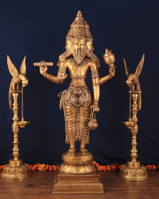 Pure Brass Standing Guru Brahma Large Statue 38.5" - Sama Homes Idol - Brass Sculpture