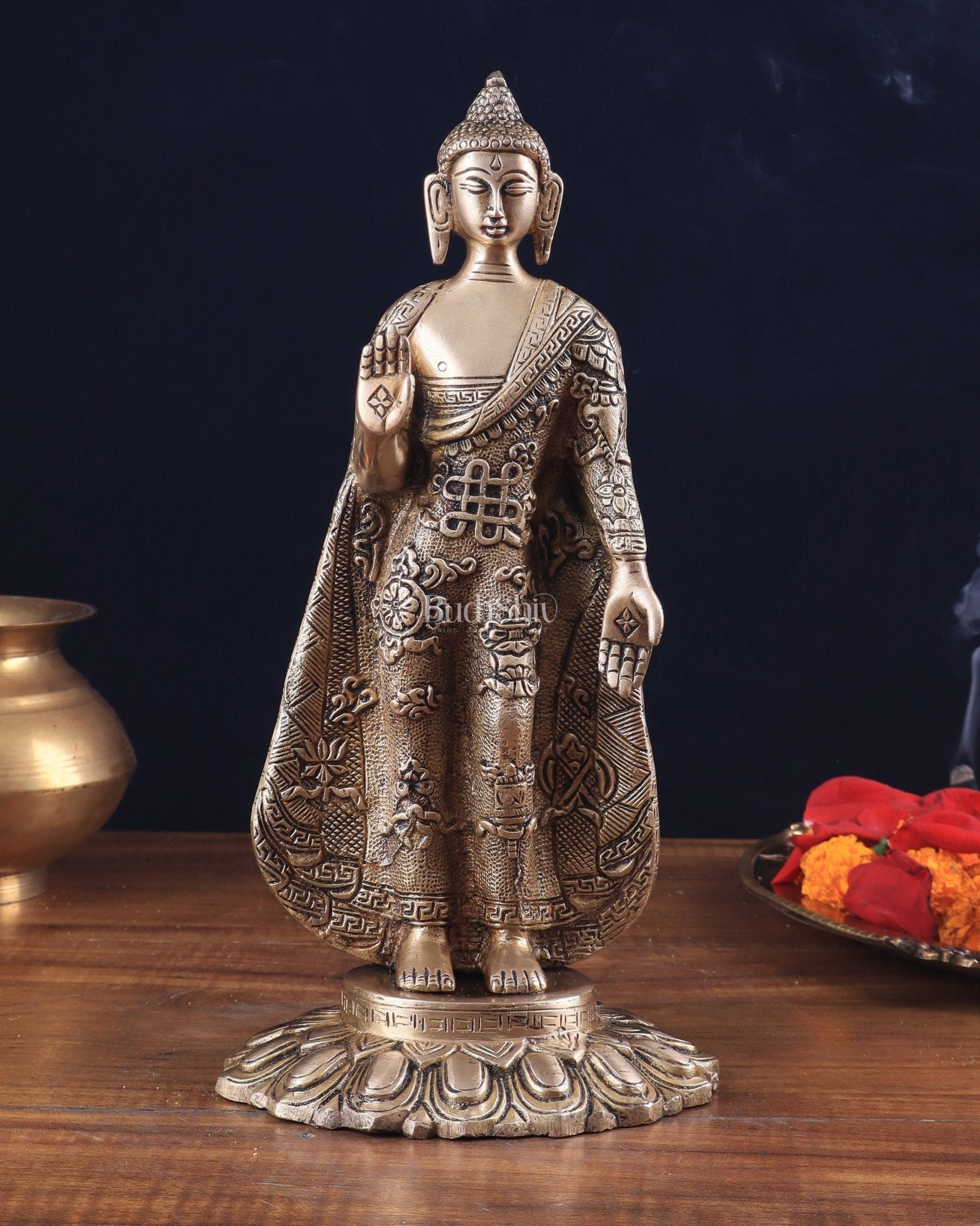Pure Brass Standing Lord Buddha Statue – Fully Engraved 11" - Sama Homes Idol - Brass Sculpture - Eco-friendly - Sama Homes