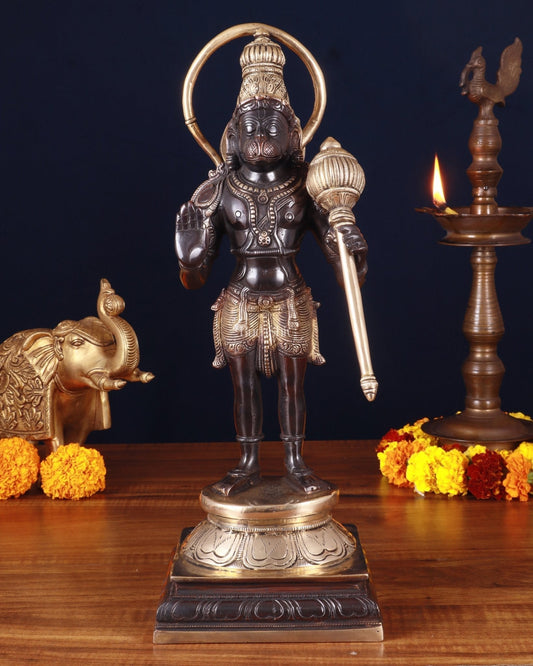 Pure Brass Standing Lord Hanuman Statue – Black Edition, 14.5 Inch - Sama Homes Idol - Brass Sculpture