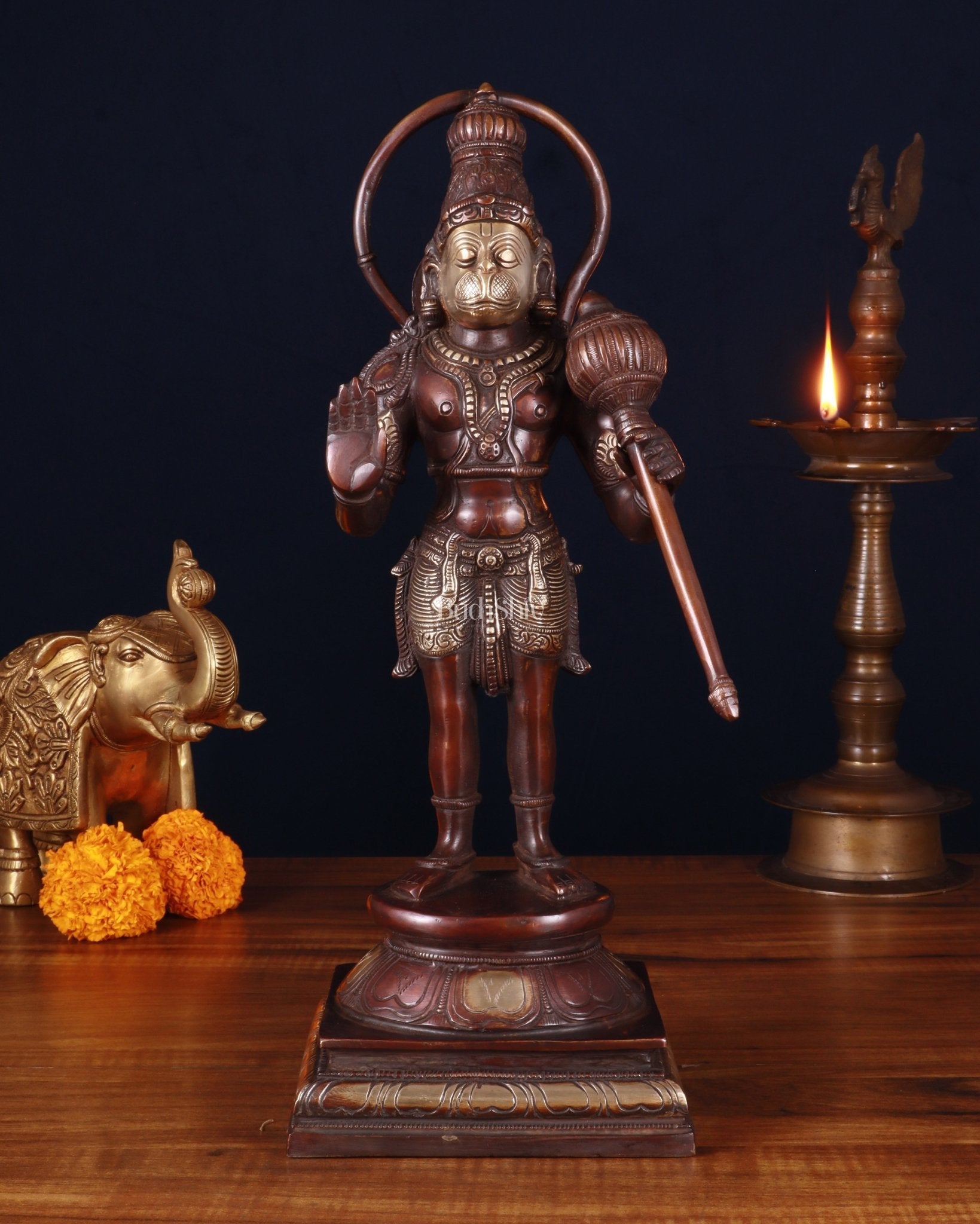 Pure Brass Standing Lord Hanuman Statue – brown Gold Finish, 14.5 Inch - Sama Homes Idol - Brass Sculpture - Eco-friendly - Sama Homes
