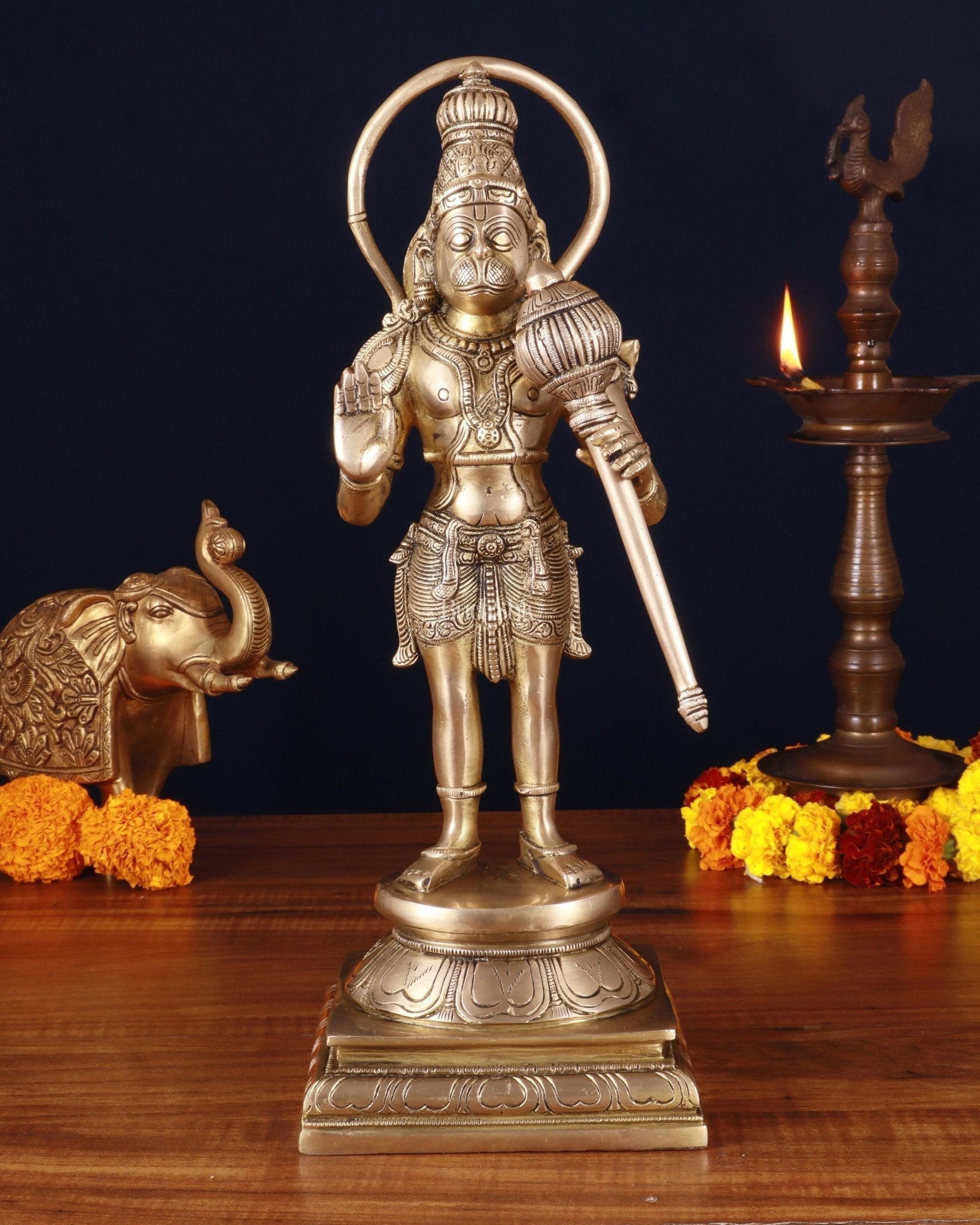 Pure Brass Standing Lord Hanuman Statue – Matte Gold Finish, 14.5 Inch - Sama Homes Idol - Brass Sculpture - Eco-friendly - Sama Homes