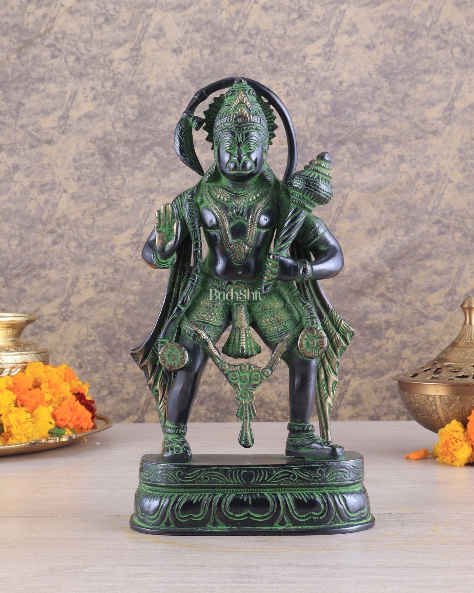 Pure Brass Standing Lord Hanuman Statue with Black and Green Tone 11 inch - Sama Homes Idol - Brass Sculpture - Eco-friendly - Sama Homes