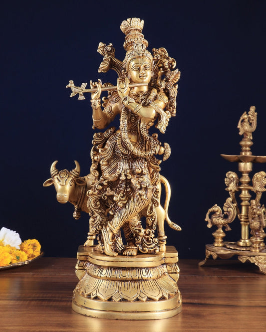 Pure Brass Standing Lord Krishna with Cow – 14" - Sama Homes Idol - Brass Sculpture
