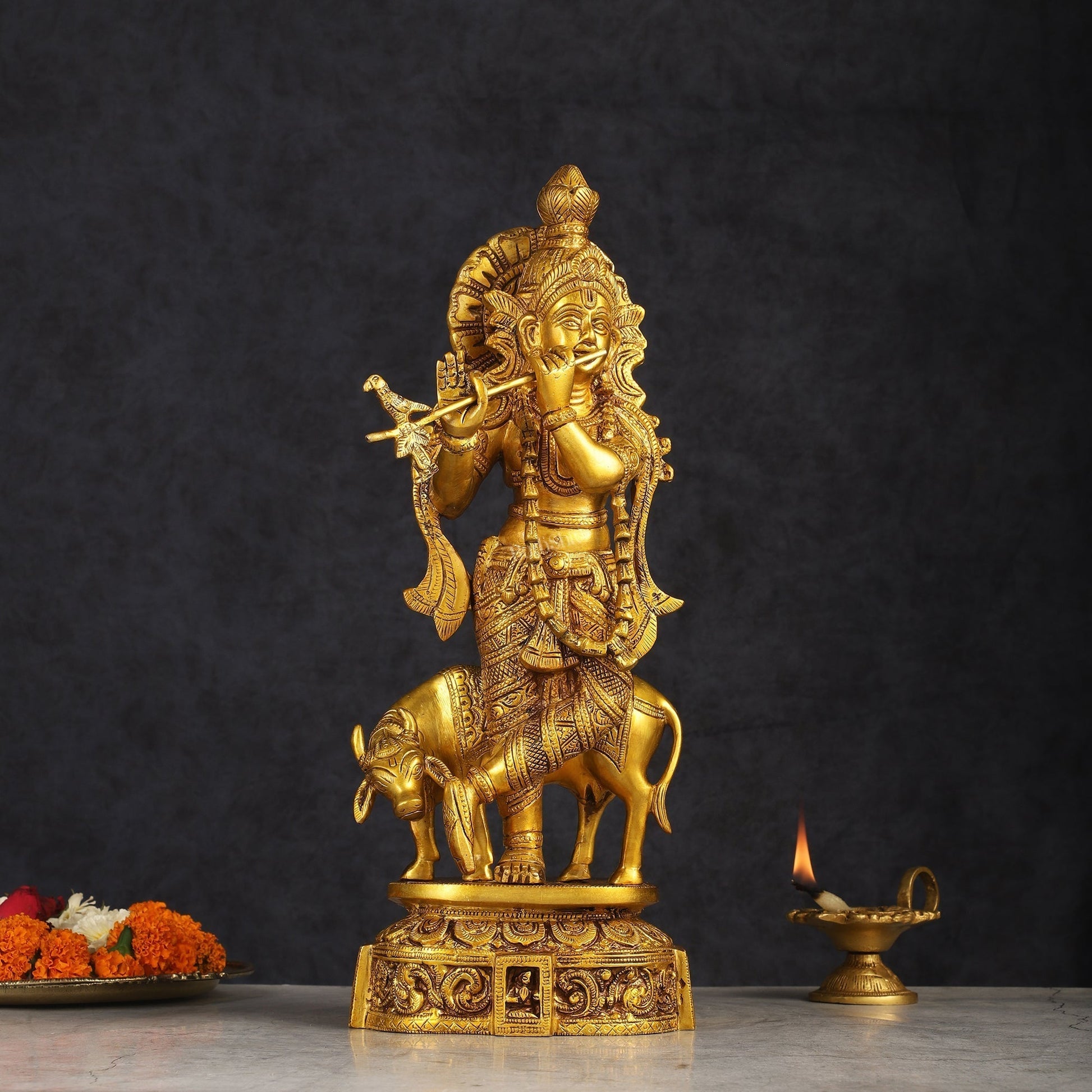 Pure Brass Standing Lord Krishna with Cow Statue 15 inch - Sama Homes Idol - Brass Sculpture - Eco-friendly - Sama Homes