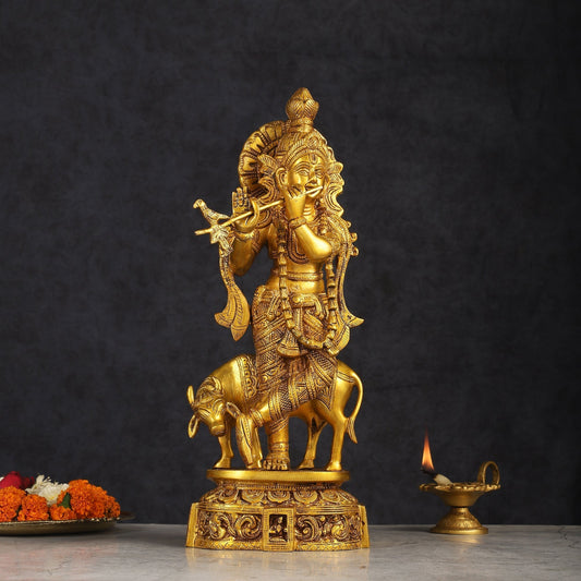 Pure Brass Standing Lord Krishna with Cow Statue 15 inch - Sama Homes Idol - Brass Sculpture