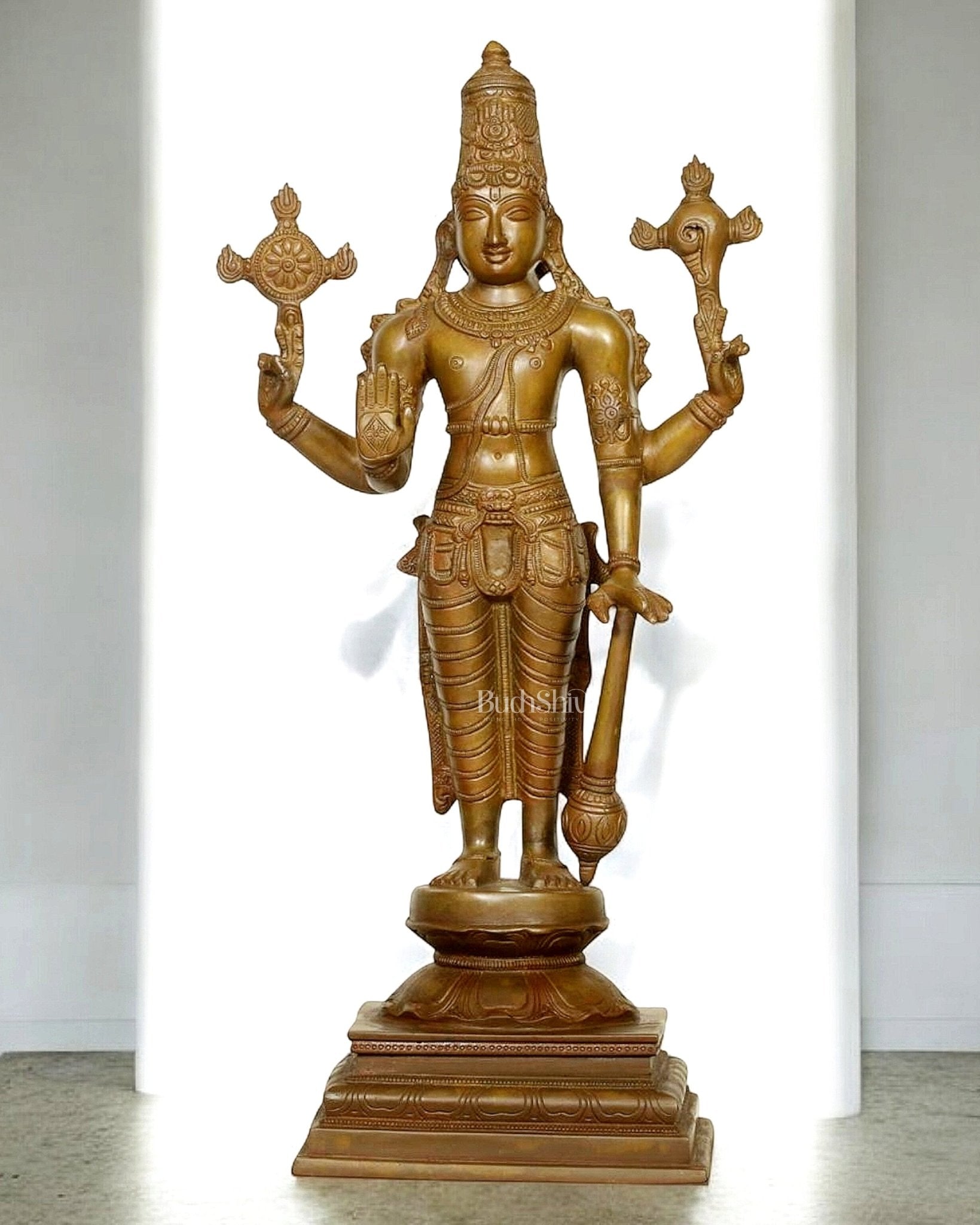 Pure Brass Standing Lord Vishnu in Bronze Tone Sculpture 20" - Sama Homes Idol - Brass Sculpture - Eco-friendly - Sama Homes