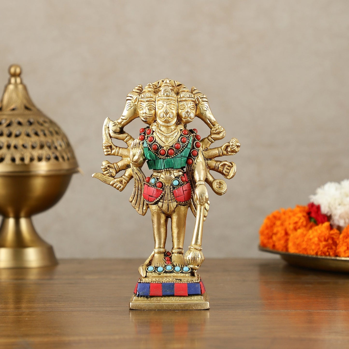 Pure Brass Standing Panchmukhi Hanuman Idol - 7" - Sama Homes Idol - Brass Sculpture