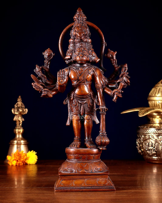 Pure Brass Standing Panchmukhi Hanuman Idol – Vintage Bronze Tone 12 inch - Sama Homes Idol - Brass Sculpture