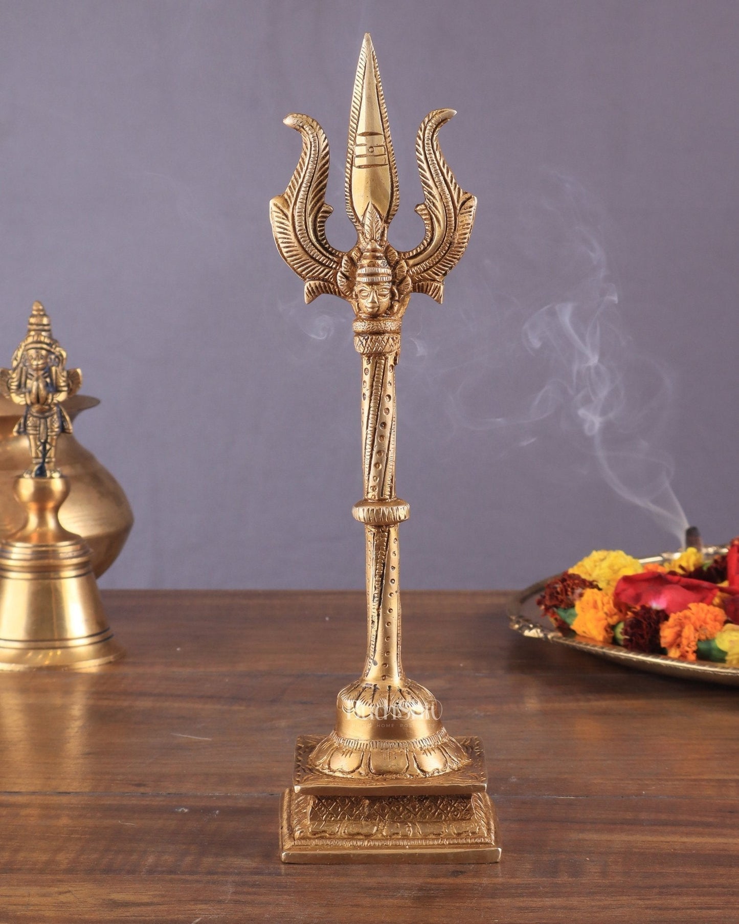 Pure Brass Standing Trishul with Intricate Carvings – 10" Decorative Piece - Sama Homes Idol - Brass Sculpture