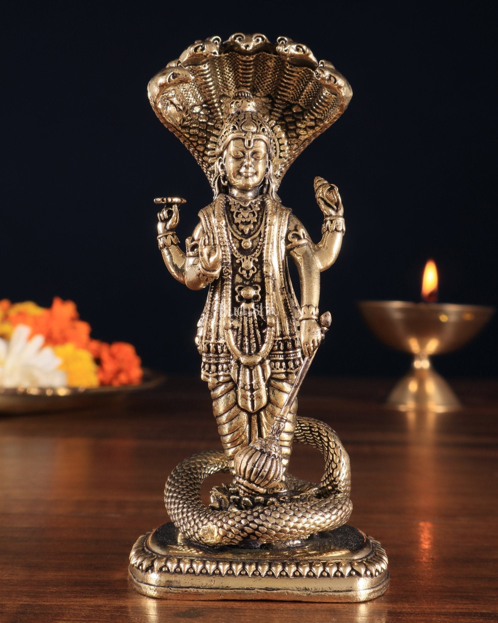 Pure Brass Standing Vishnu with Sheshanaga - 4 in Height - Sama Homes Idol - Brass Sculpture - Eco-friendly - Sama Homes