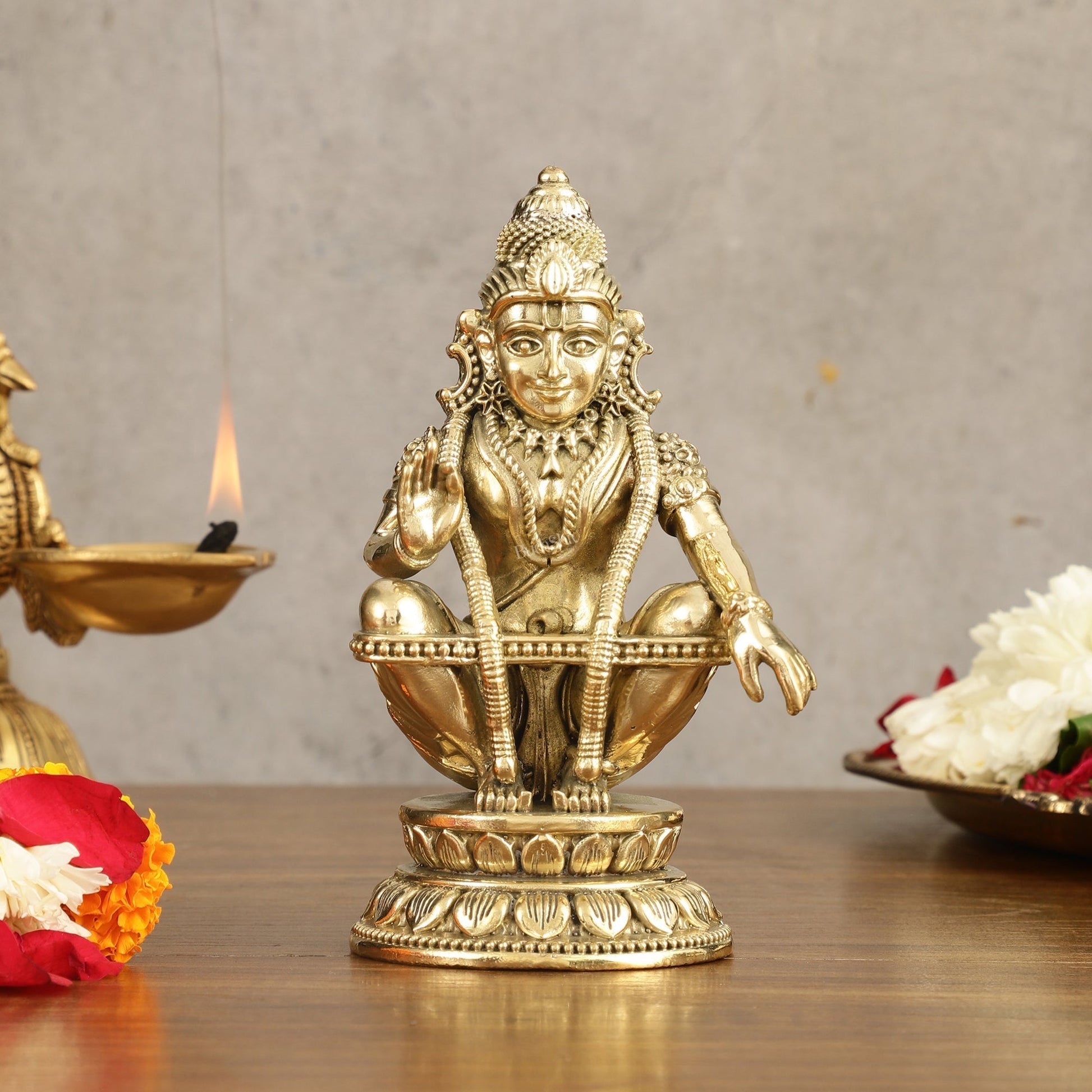Pure Brass Superfine Ayyappa Swamy Idol - 6 in Height - Sama Homes Idol - Brass Sculpture - Eco-friendly - Sama Homes