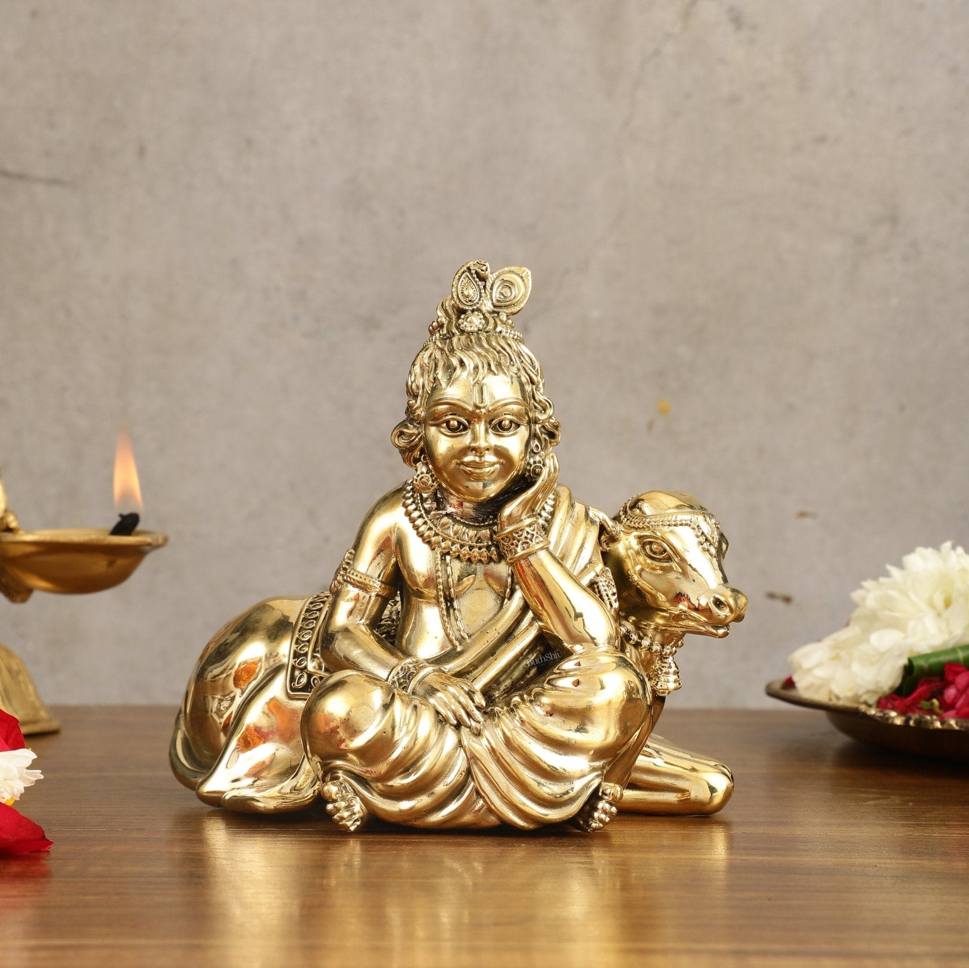 Pure Brass Superfine Bal Gopal with Cow Idol - 6 in Height - Sama Homes Idol - Brass Sculpture - Eco-friendly - Sama Homes
