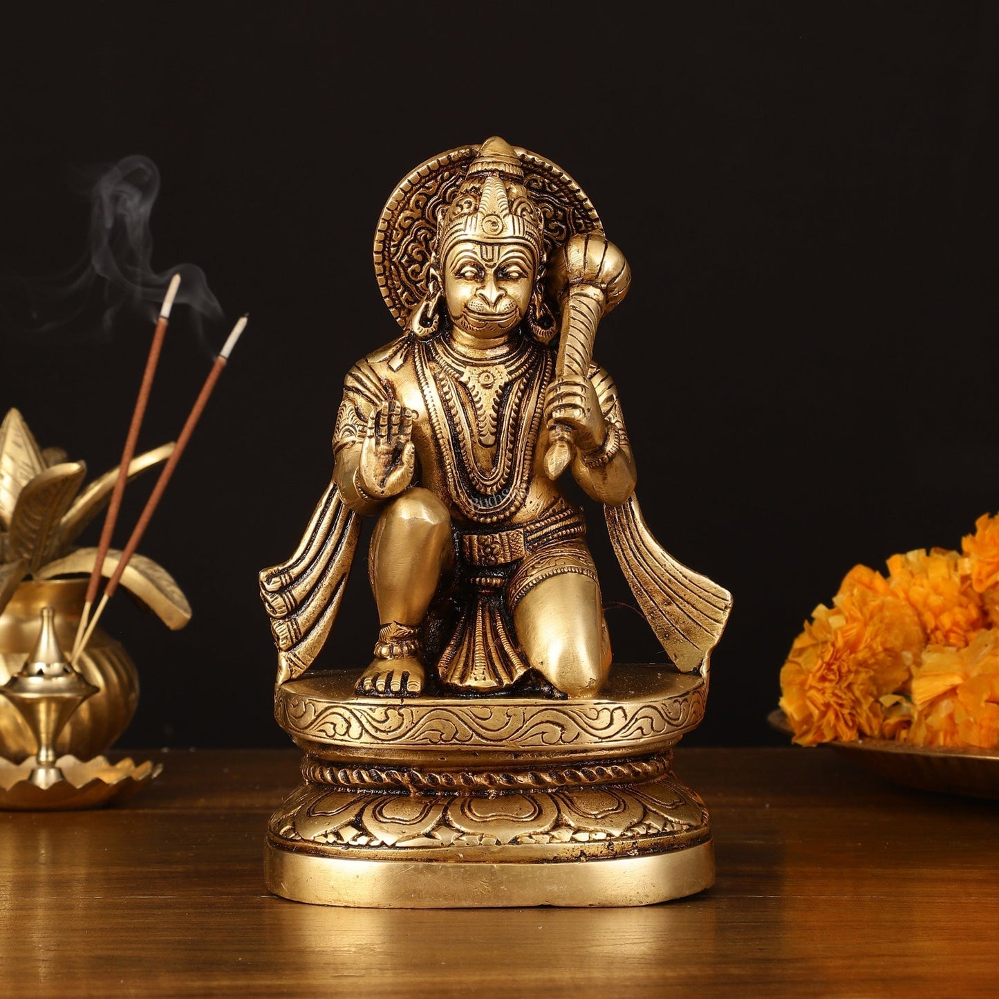Pure Brass Superfine Blessing Hanuman Idol - 8" Divine Sculpture - Sama Homes Idol - Brass Sculpture