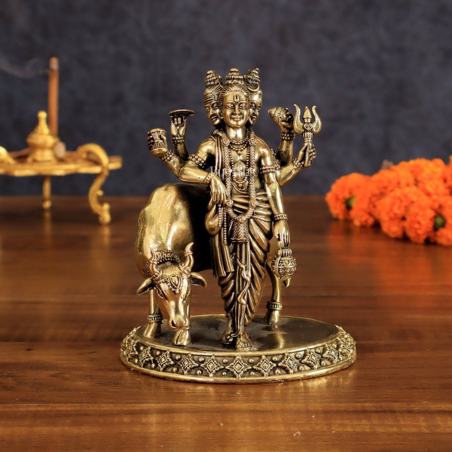 Pure Brass Superfine Dattatraya Idol - Lightweight Hollow Casting, 5.5" - Sama Homes Idol - Brass Sculpture