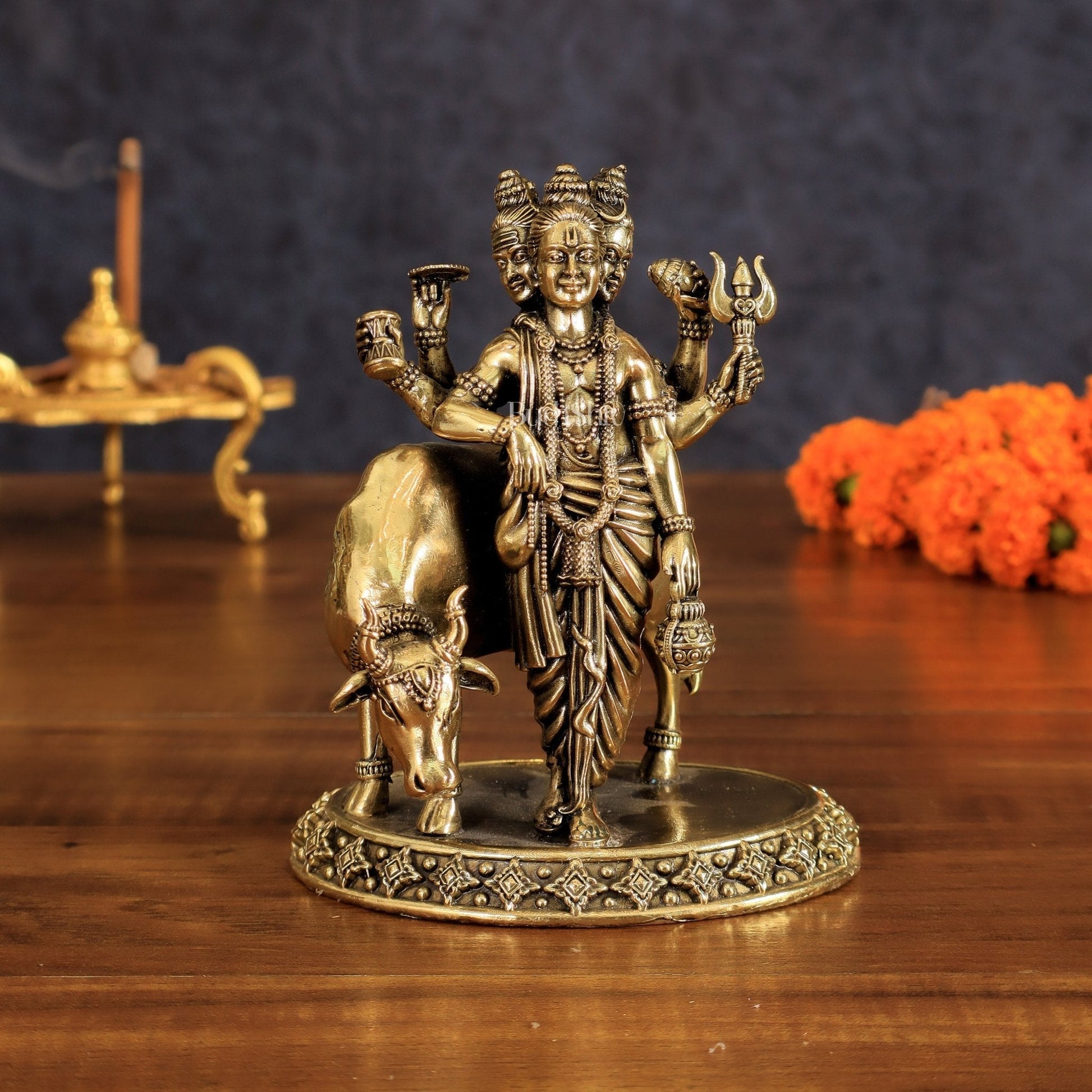 Pure Brass Superfine Dattatraya Idol - Lightweight Hollow Casting, 5.5" - Sama Homes Idol - Brass Sculpture - Eco-friendly - Sama Homes