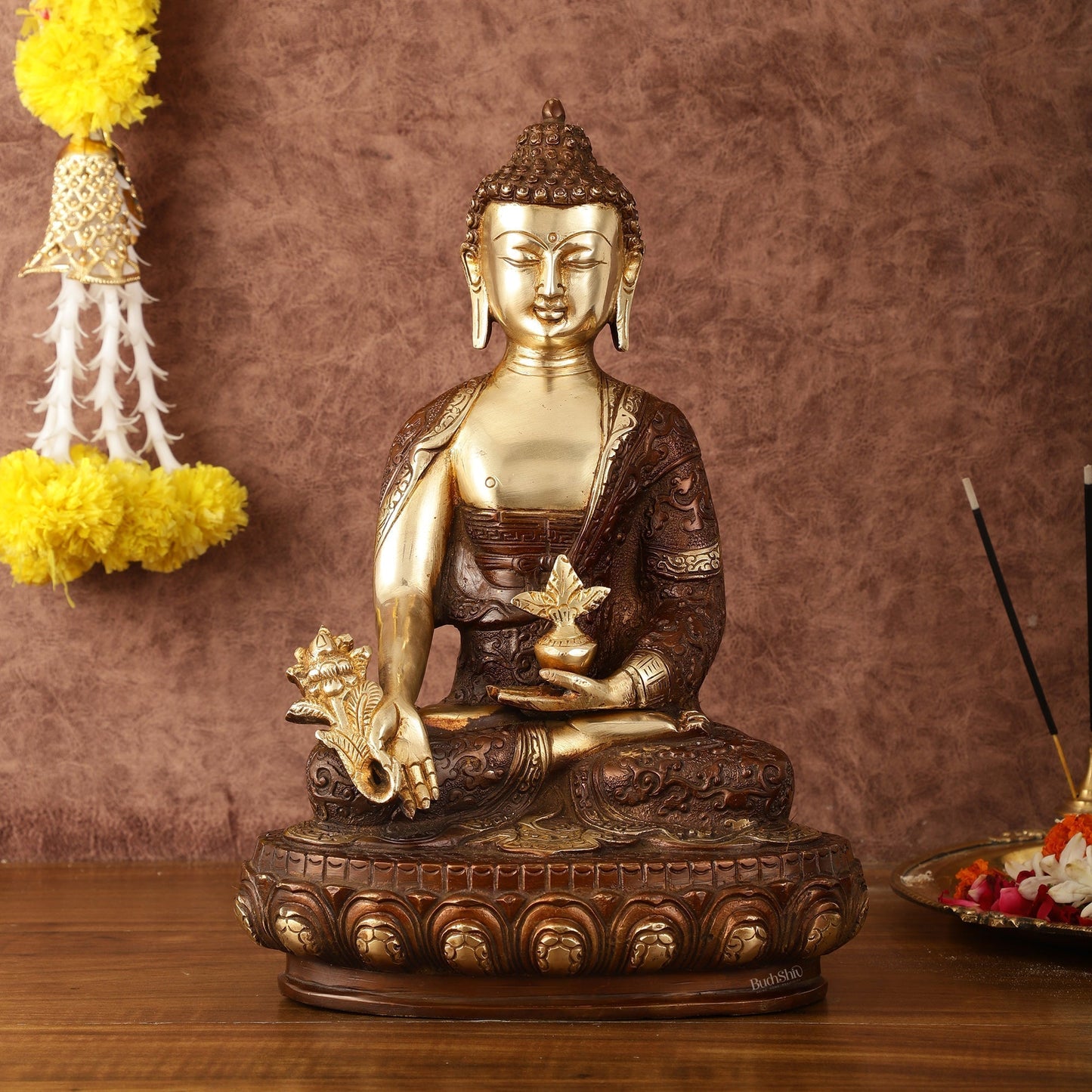 Pure Brass Superfine Dual Tone Medicine Buddha Statue - 12.5" - Sama Homes Idol - Brass Sculpture