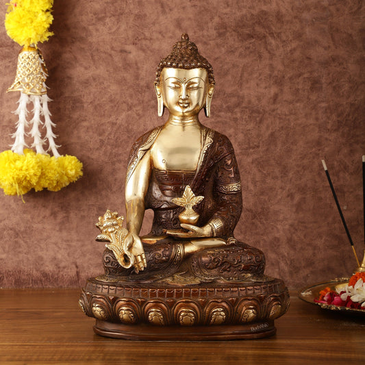 Pure Brass Superfine Dual Tone Medicine Buddha Statue - 12.5" - Sama Homes Idol - Brass Sculpture