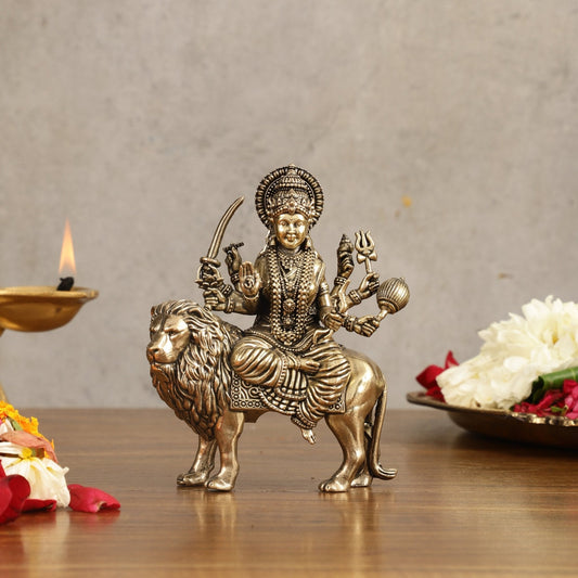 Pure Brass Superfine Durga on Lion Idol - 5 in Height - Sama Homes Idol - Brass Sculpture